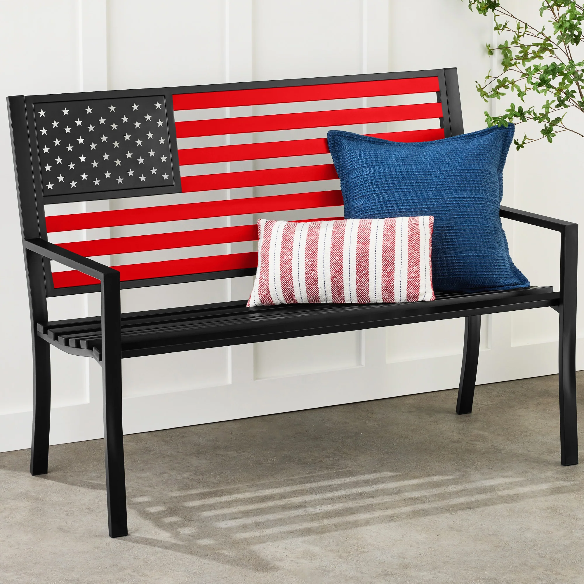 Indoor Outdoor Steel Bench w/ American Flag Backrest, 790lb Capacity - Image 19