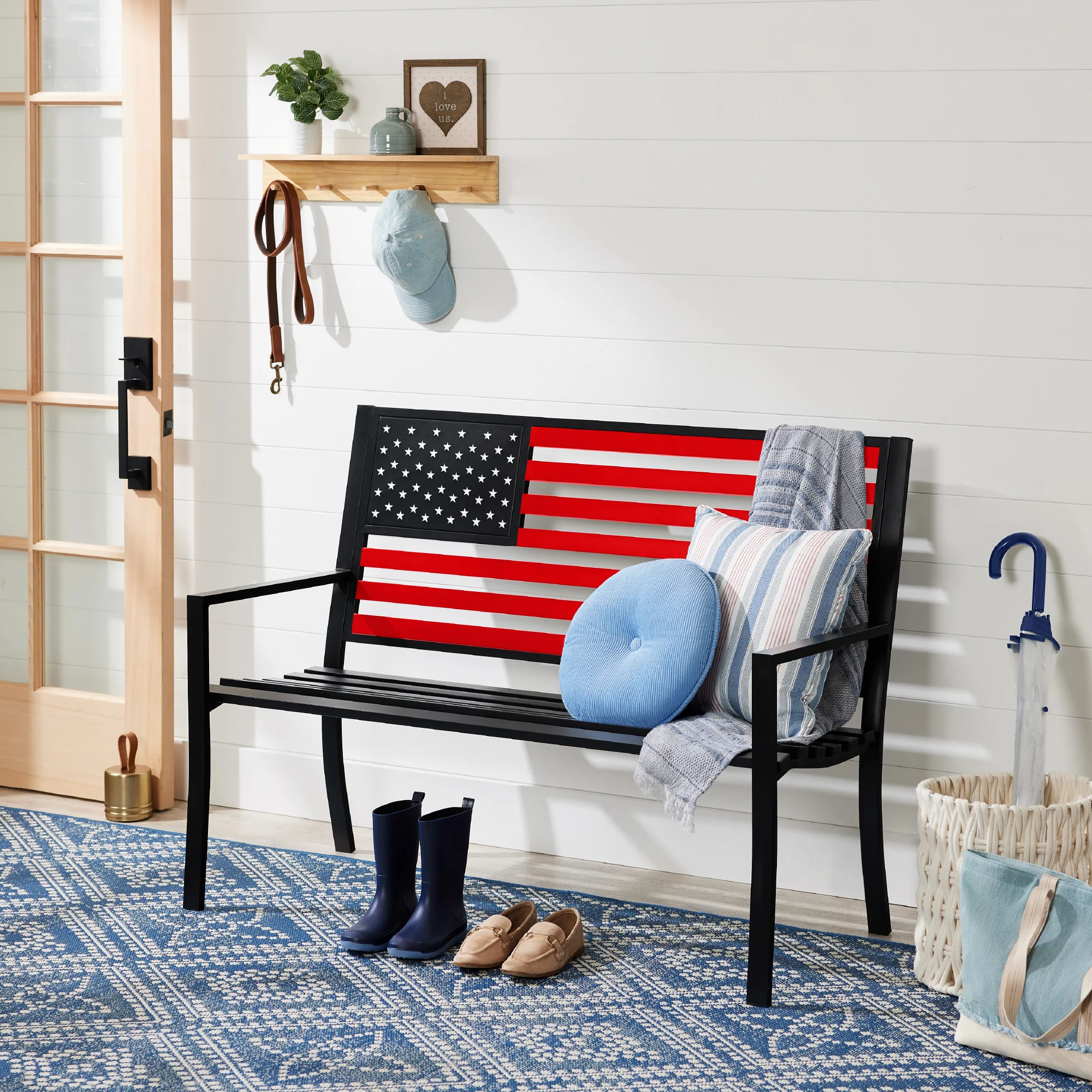 Indoor Outdoor Steel Bench w/ American Flag Backrest, 790lb Capacity - Image 23