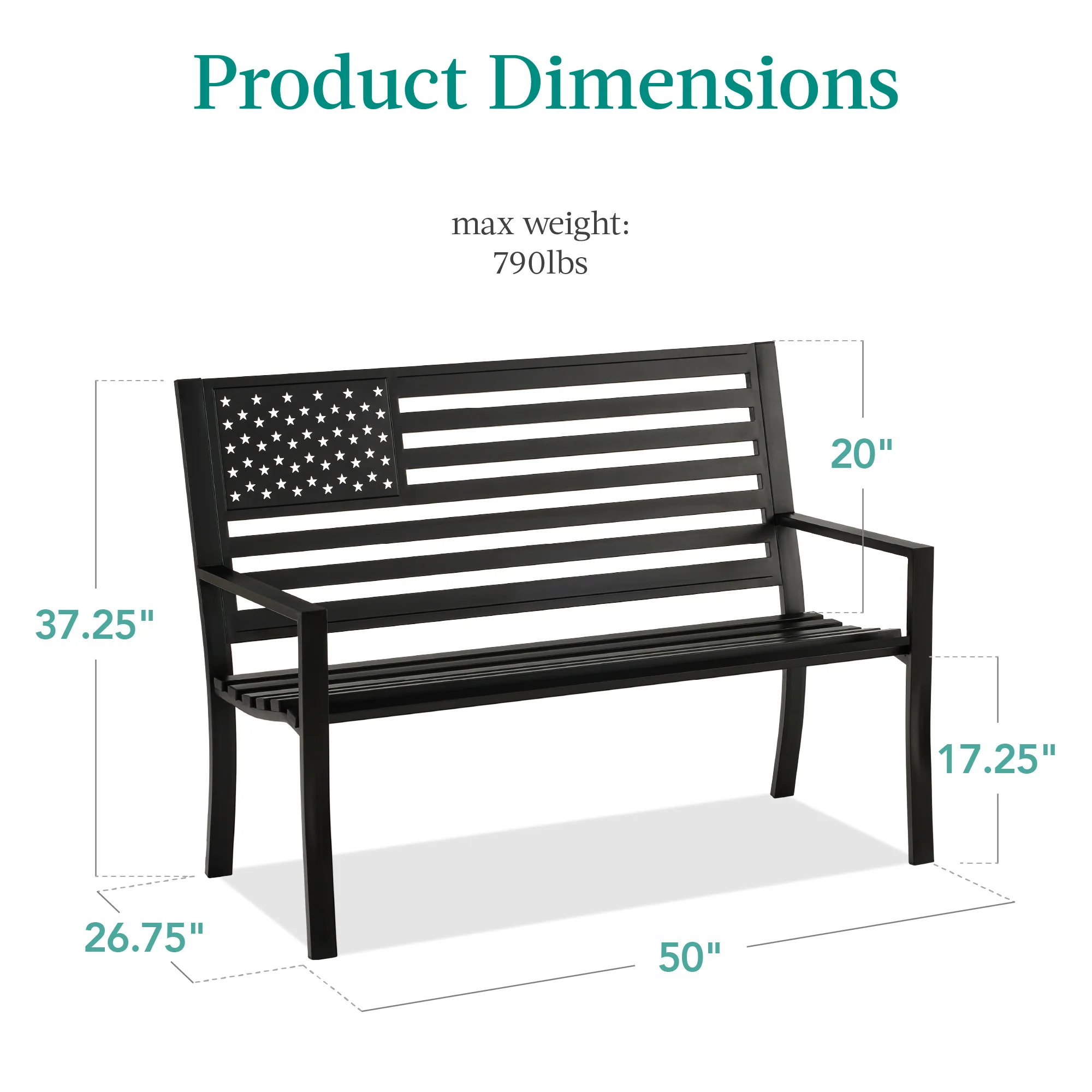 Indoor Outdoor Steel Bench w/ American Flag Backrest, 790lb Capacity - Image 26