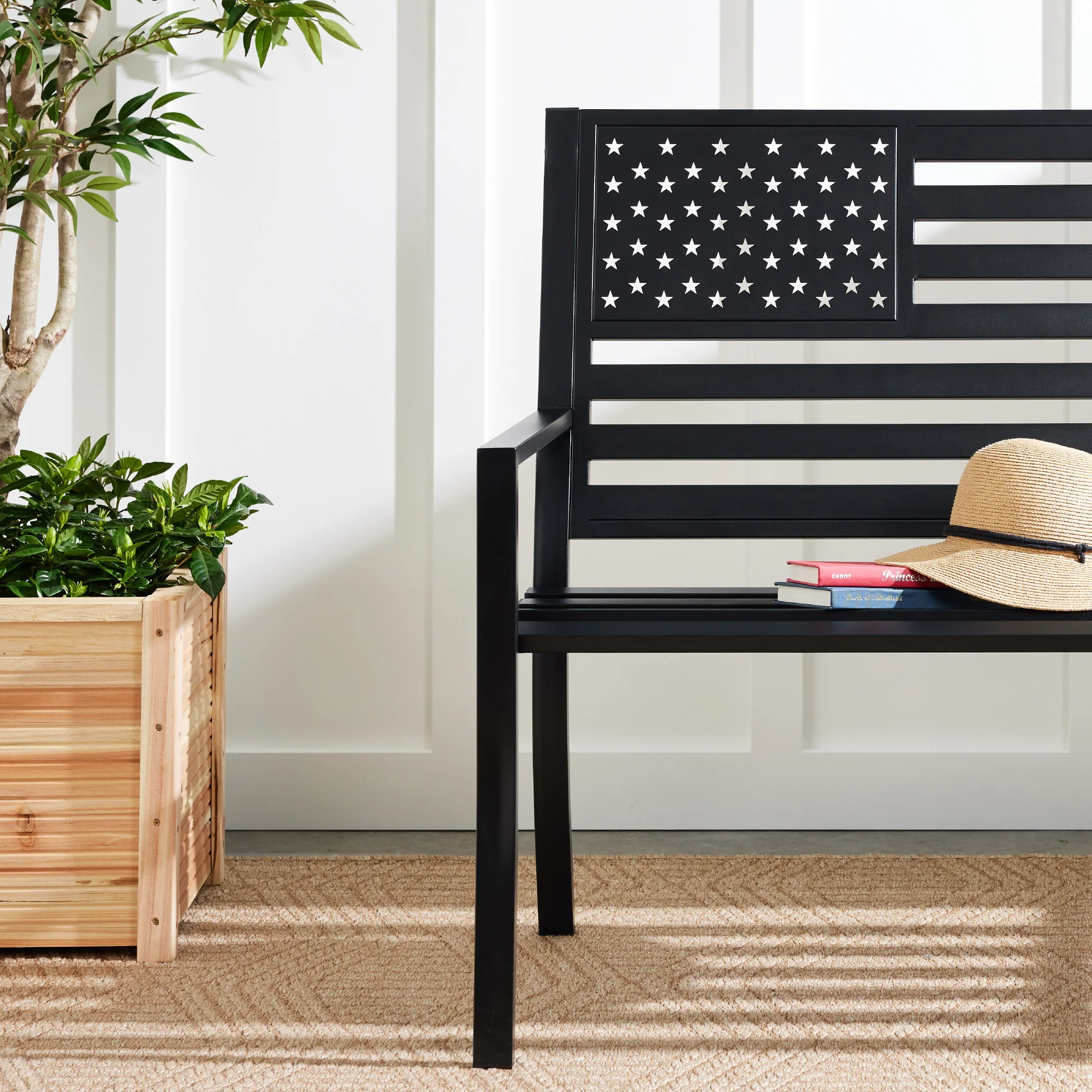 Indoor Outdoor Steel Bench w/ American Flag Backrest, 790lb Capacity - Image 27