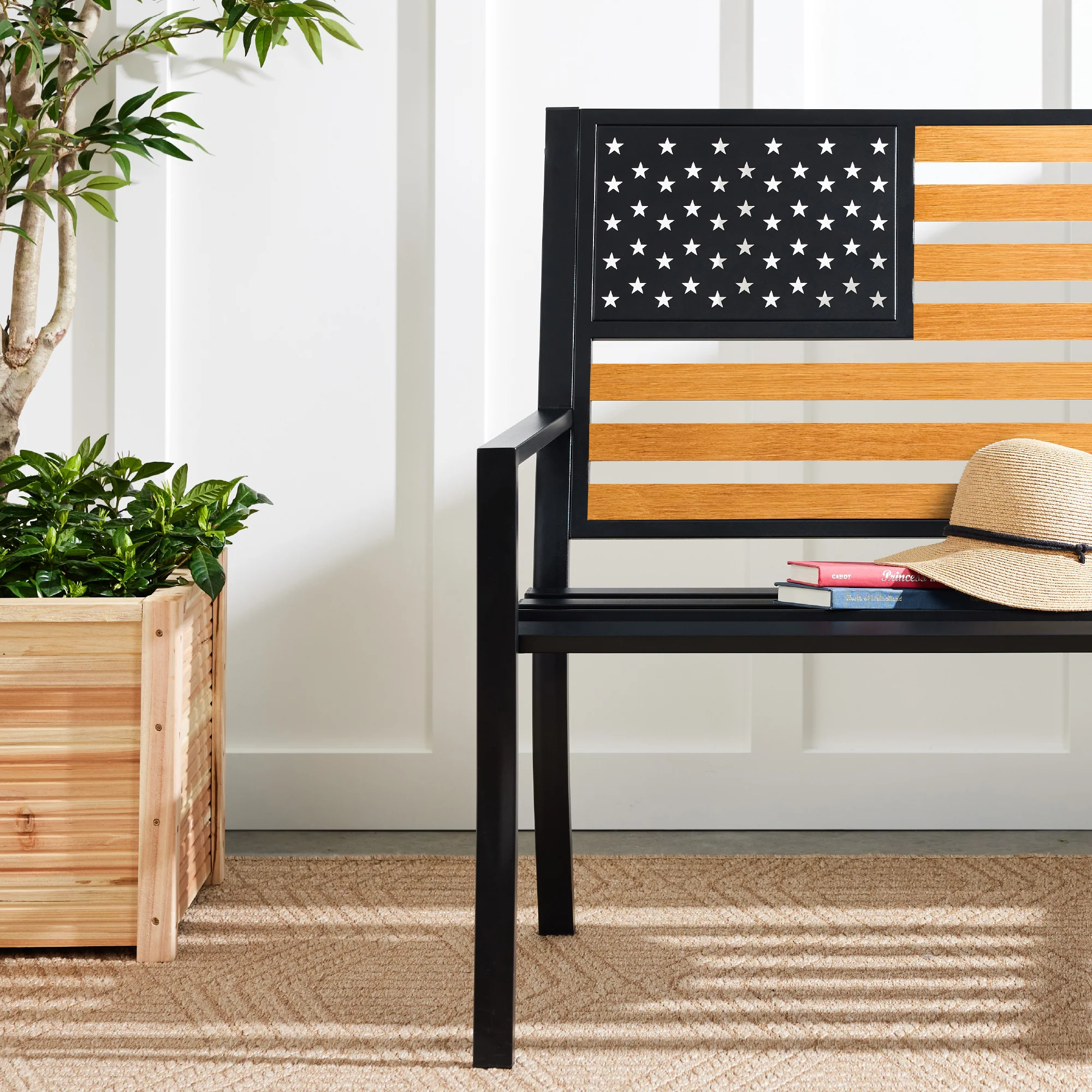 Indoor Outdoor Steel Bench w/ American Flag Backrest, 790lb Capacity - Image 3