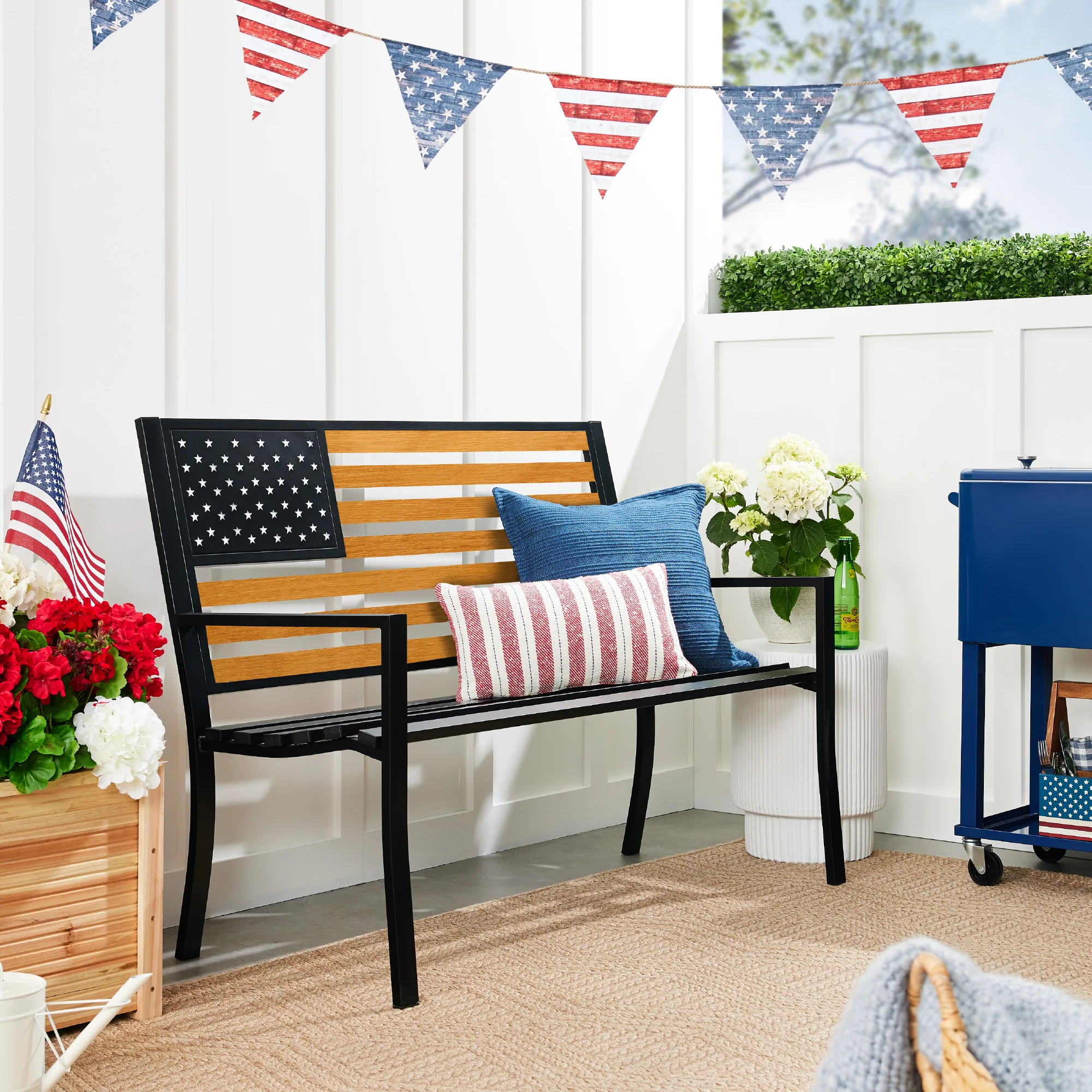 Indoor Outdoor Steel Bench w/ American Flag Backrest, 790lb Capacity - Image 4