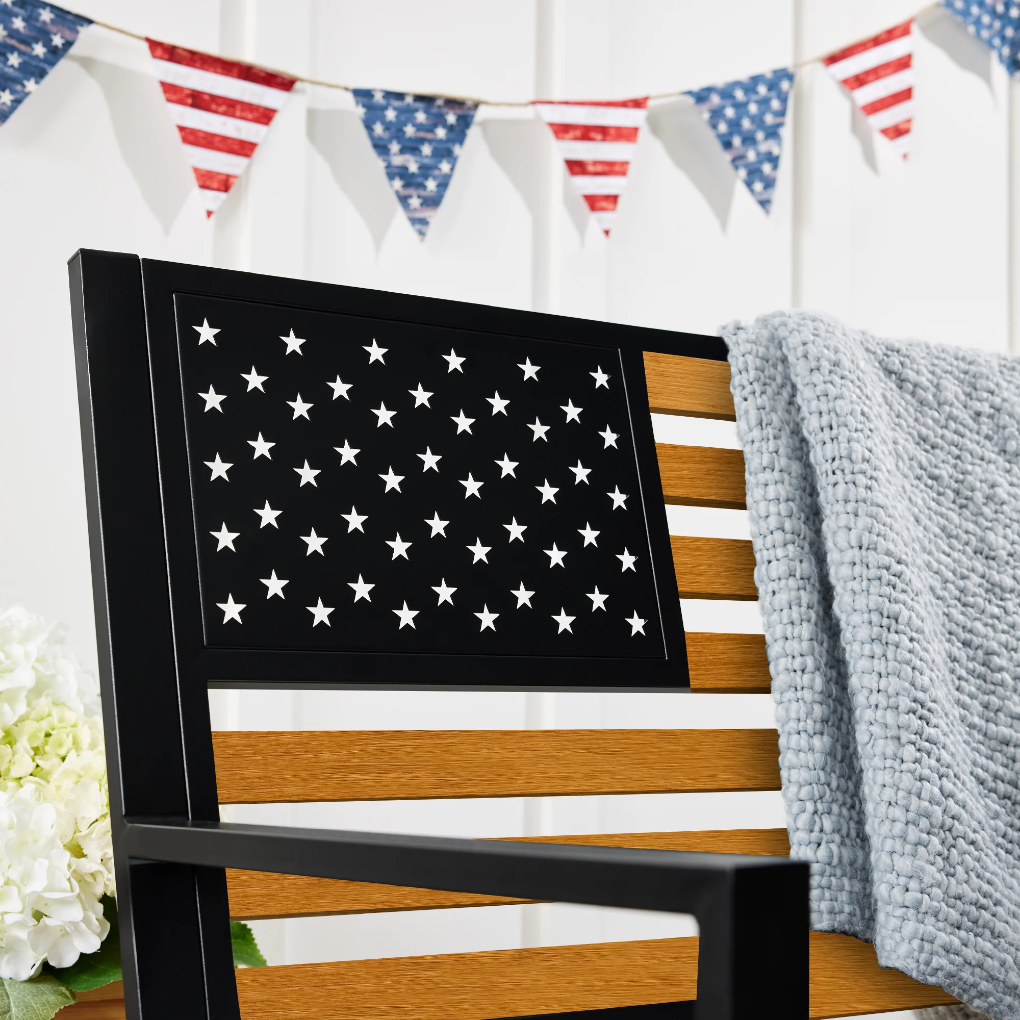 Indoor Outdoor Steel Bench w/ American Flag Backrest, 790lb Capacity - Image 6