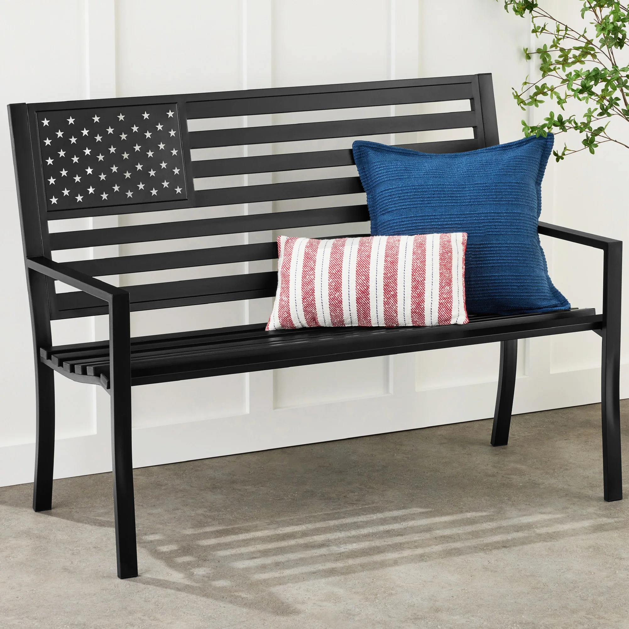 Indoor Outdoor Steel Bench w/ American Flag Backrest, 790lb Capacity - Image 7