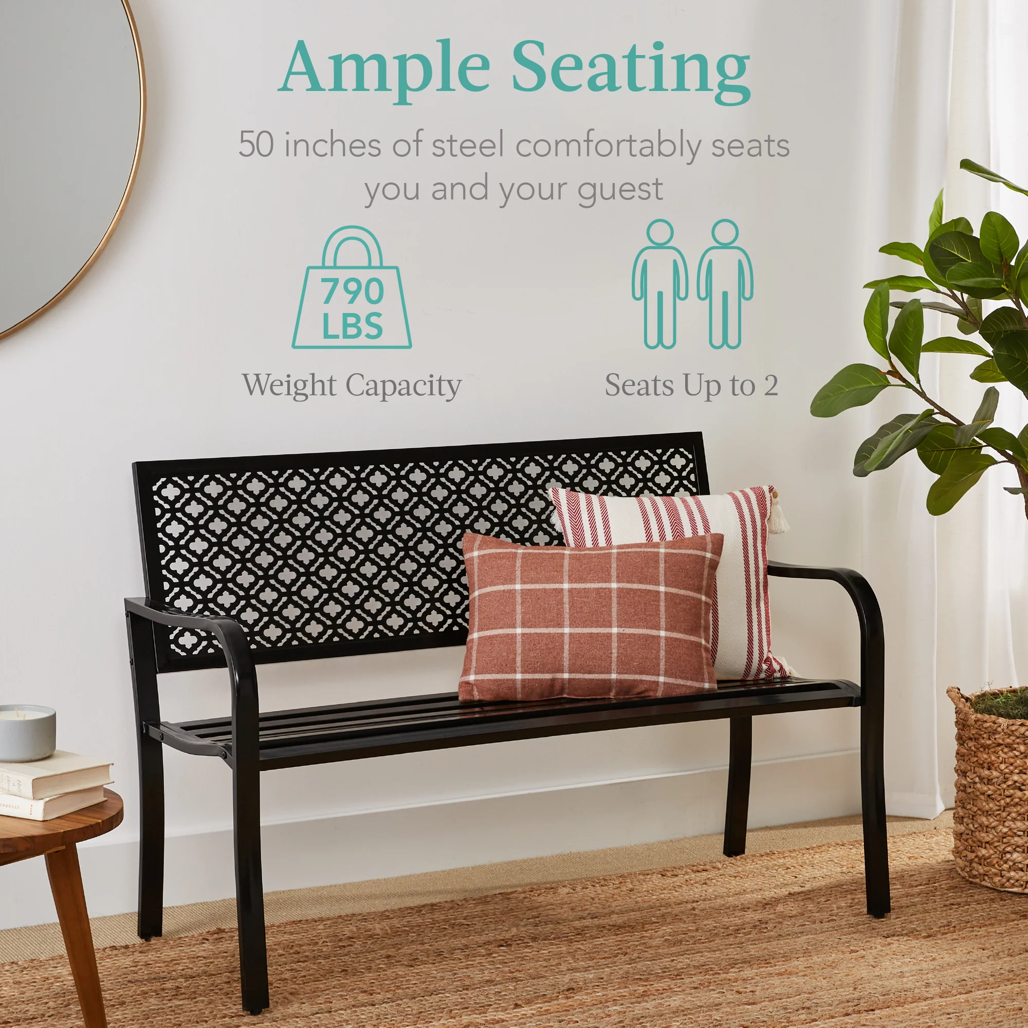 Indoor Outdoor Steel Bench w/ Geometric Backrest, Foot Levelers - Image 10