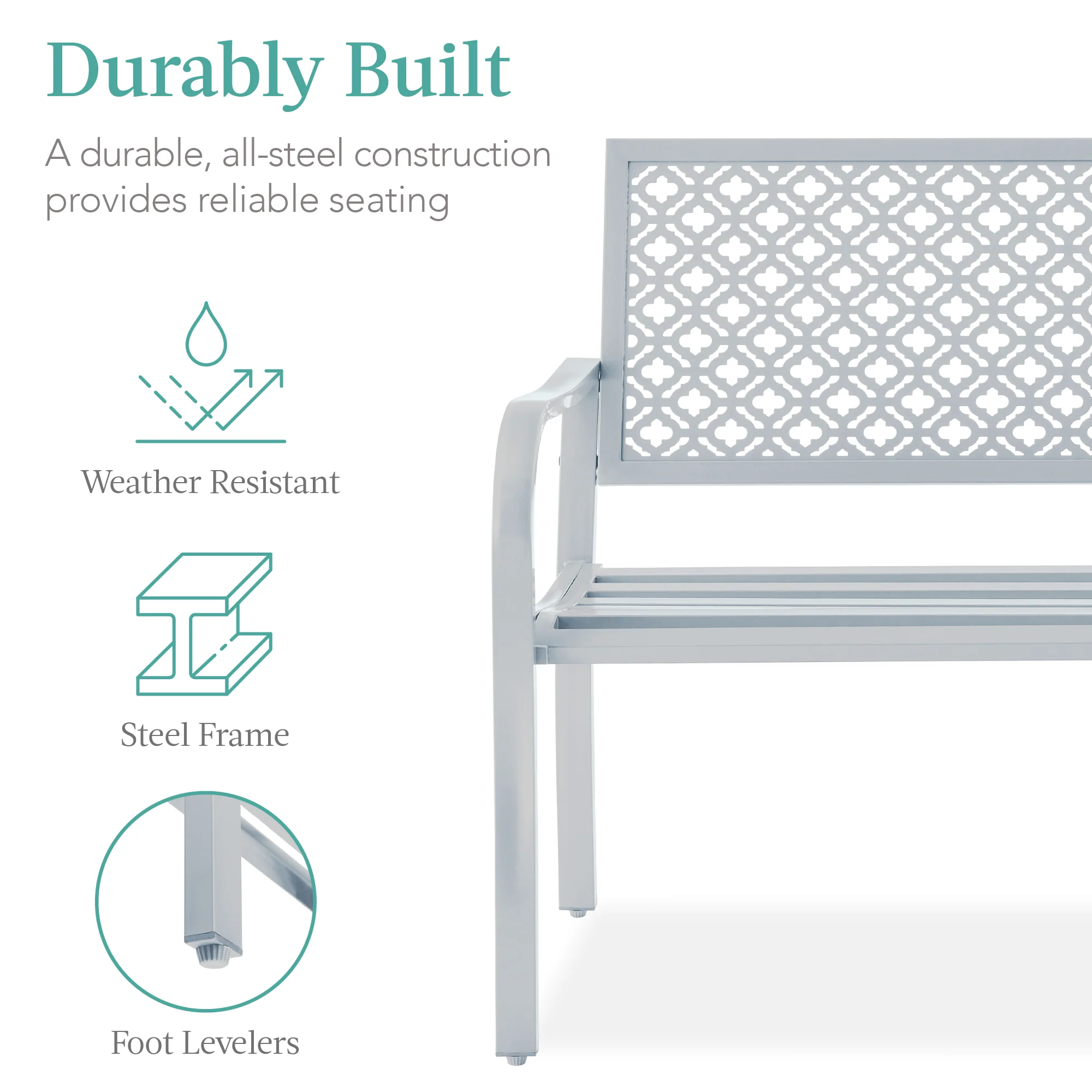 Indoor Outdoor Steel Bench w/ Geometric Backrest, Foot Levelers - Image 100