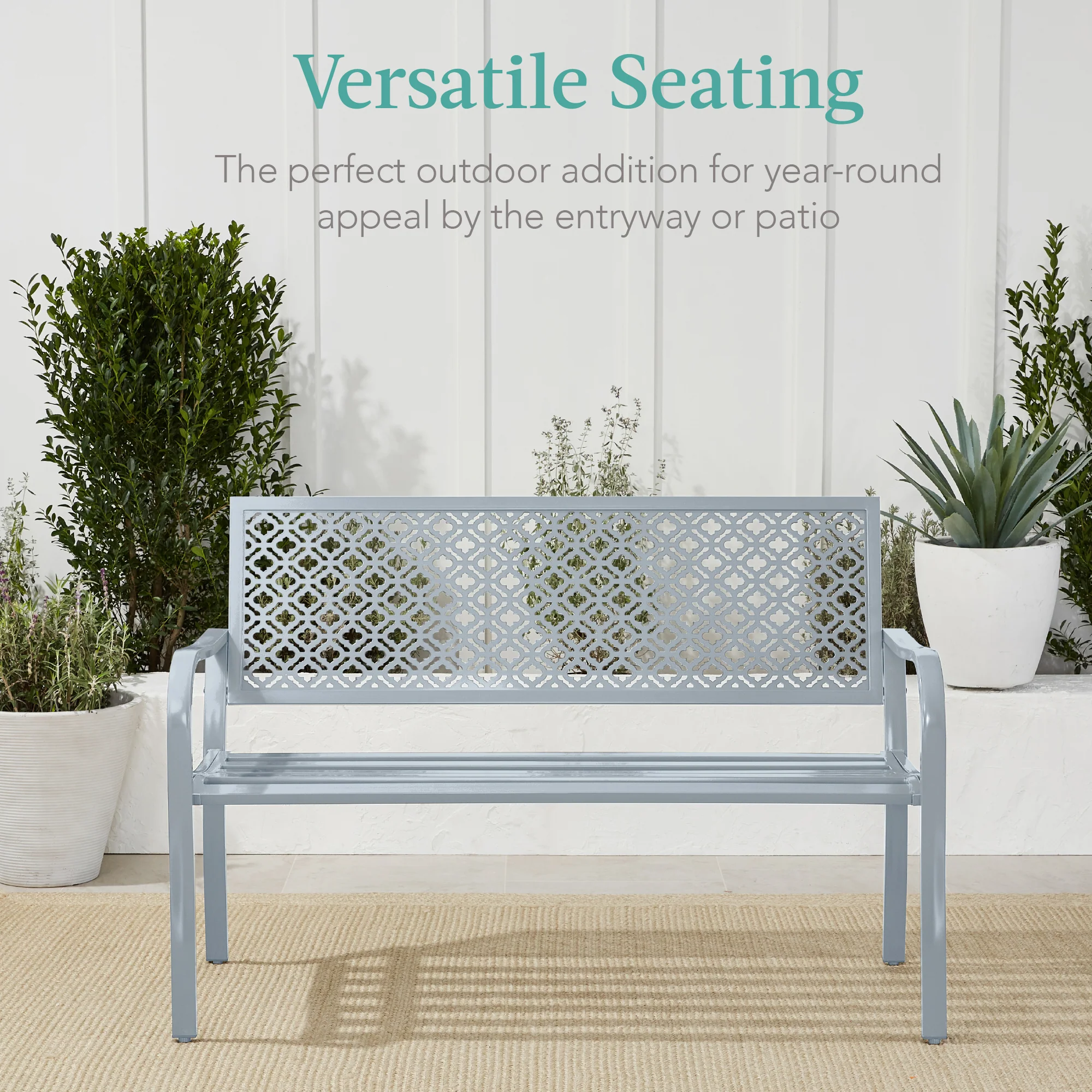Indoor Outdoor Steel Bench w/ Geometric Backrest, Foot Levelers - Image 103