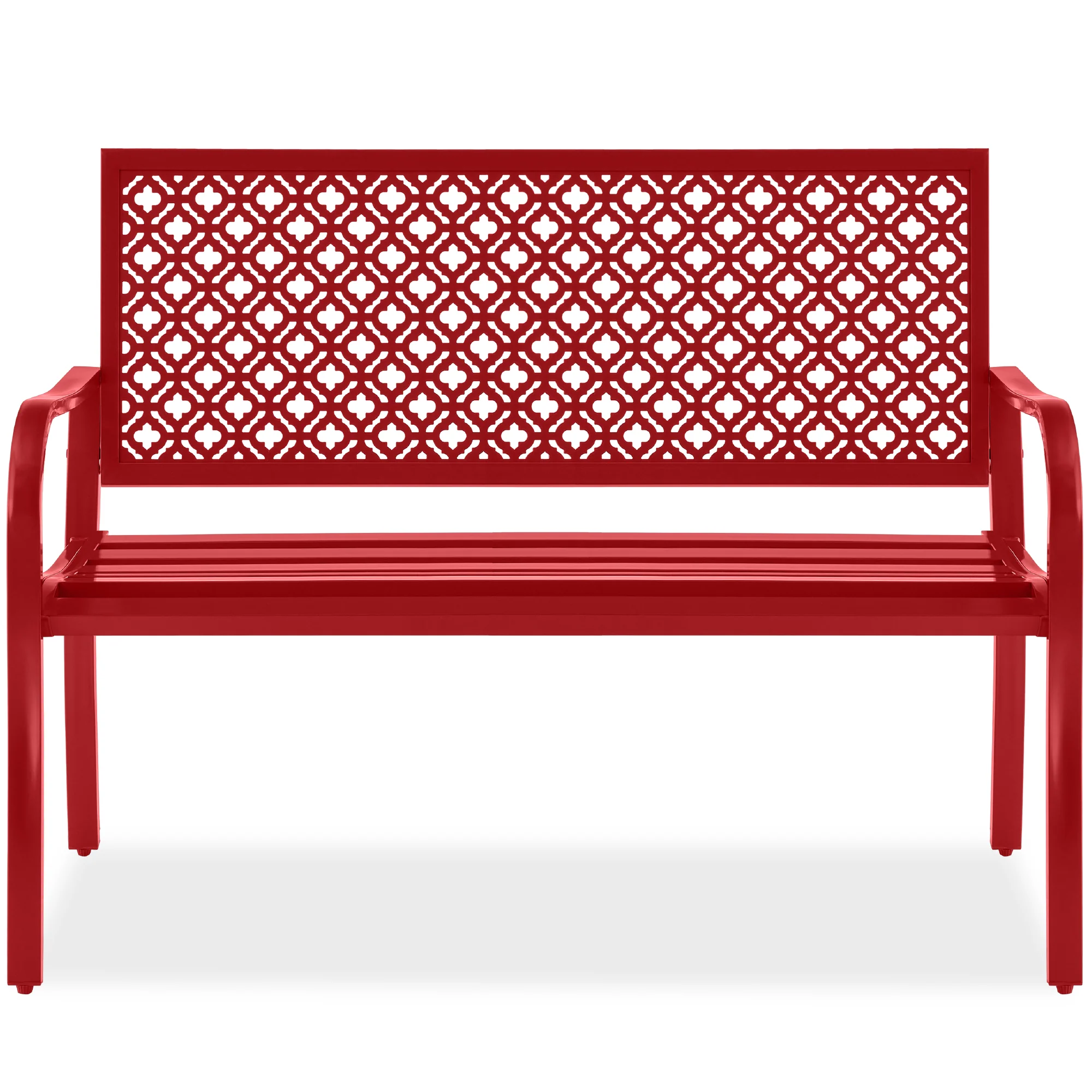 Indoor Outdoor Steel Bench w/ Geometric Backrest, Foot Levelers - Image 106