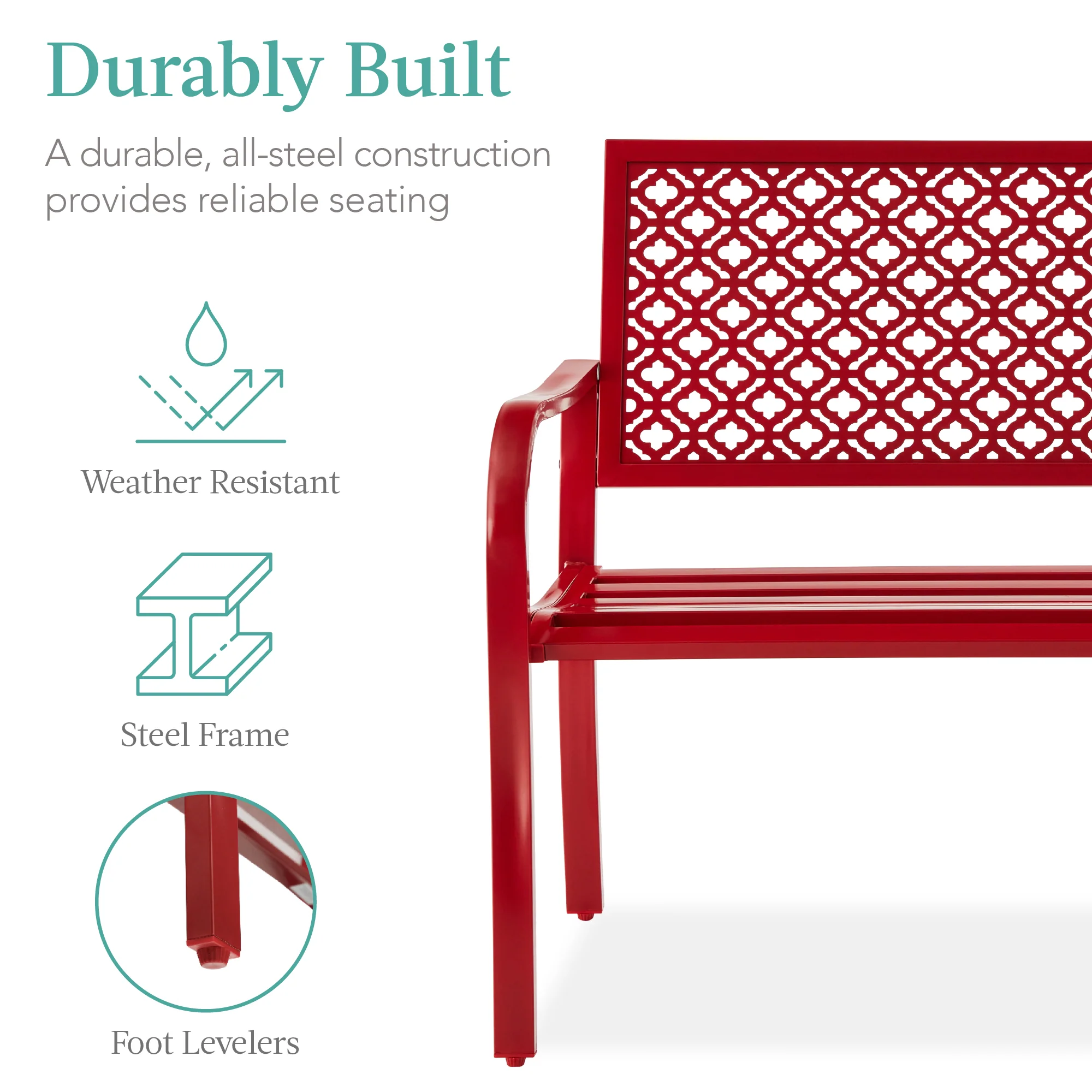 Indoor Outdoor Steel Bench w/ Geometric Backrest, Foot Levelers - Image 107