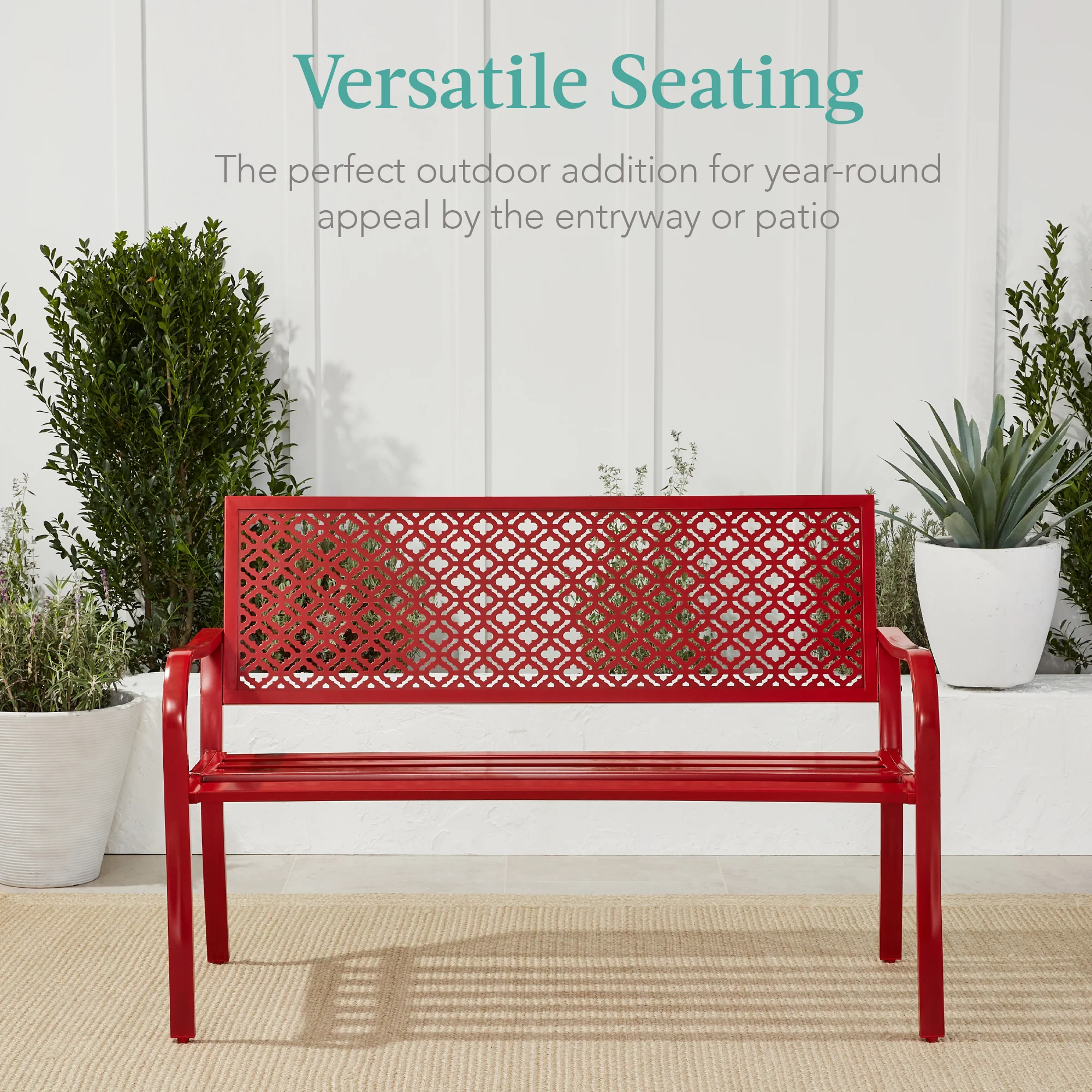 Indoor Outdoor Steel Bench w/ Geometric Backrest, Foot Levelers - Image 110