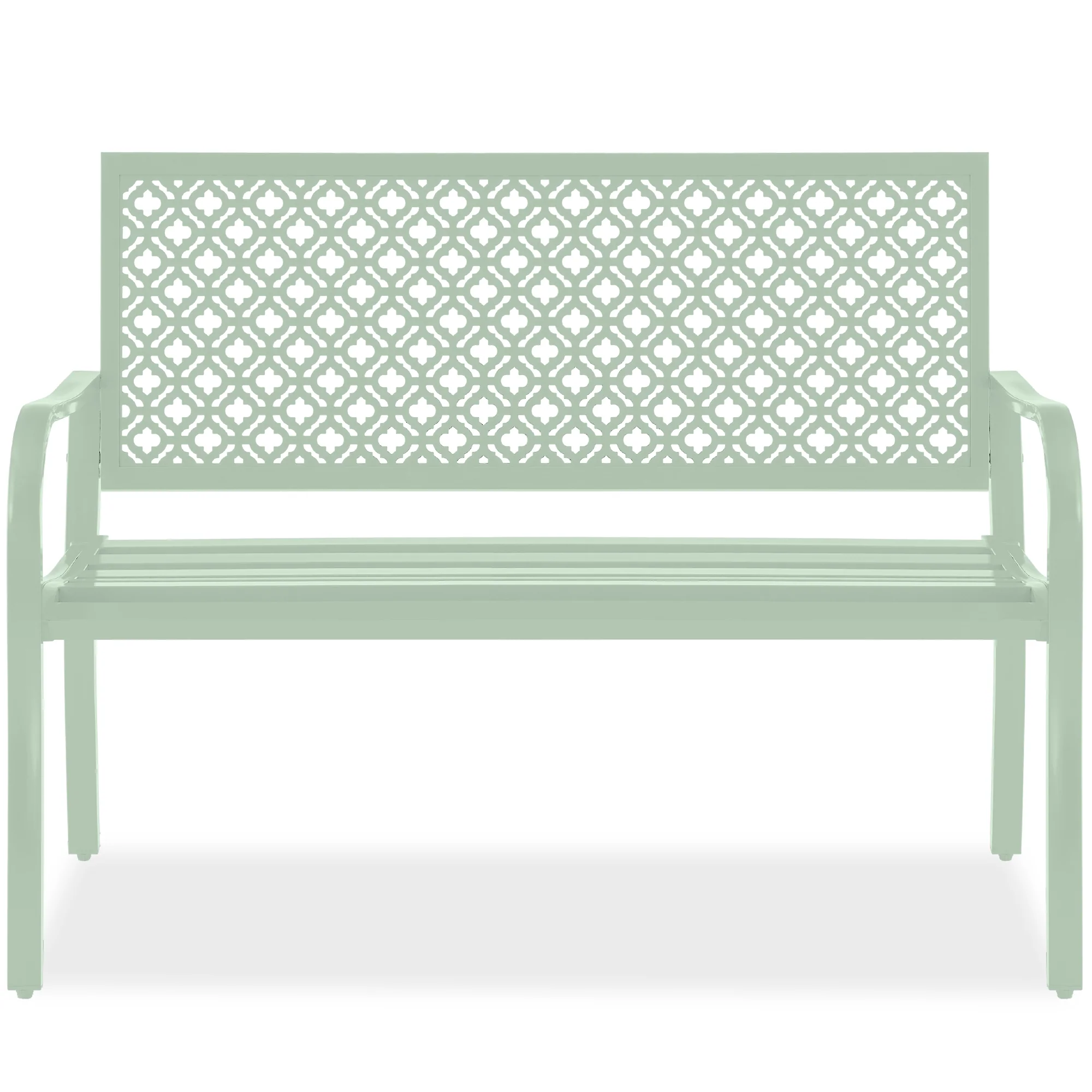 Indoor Outdoor Steel Bench w/ Geometric Backrest, Foot Levelers - Image 113