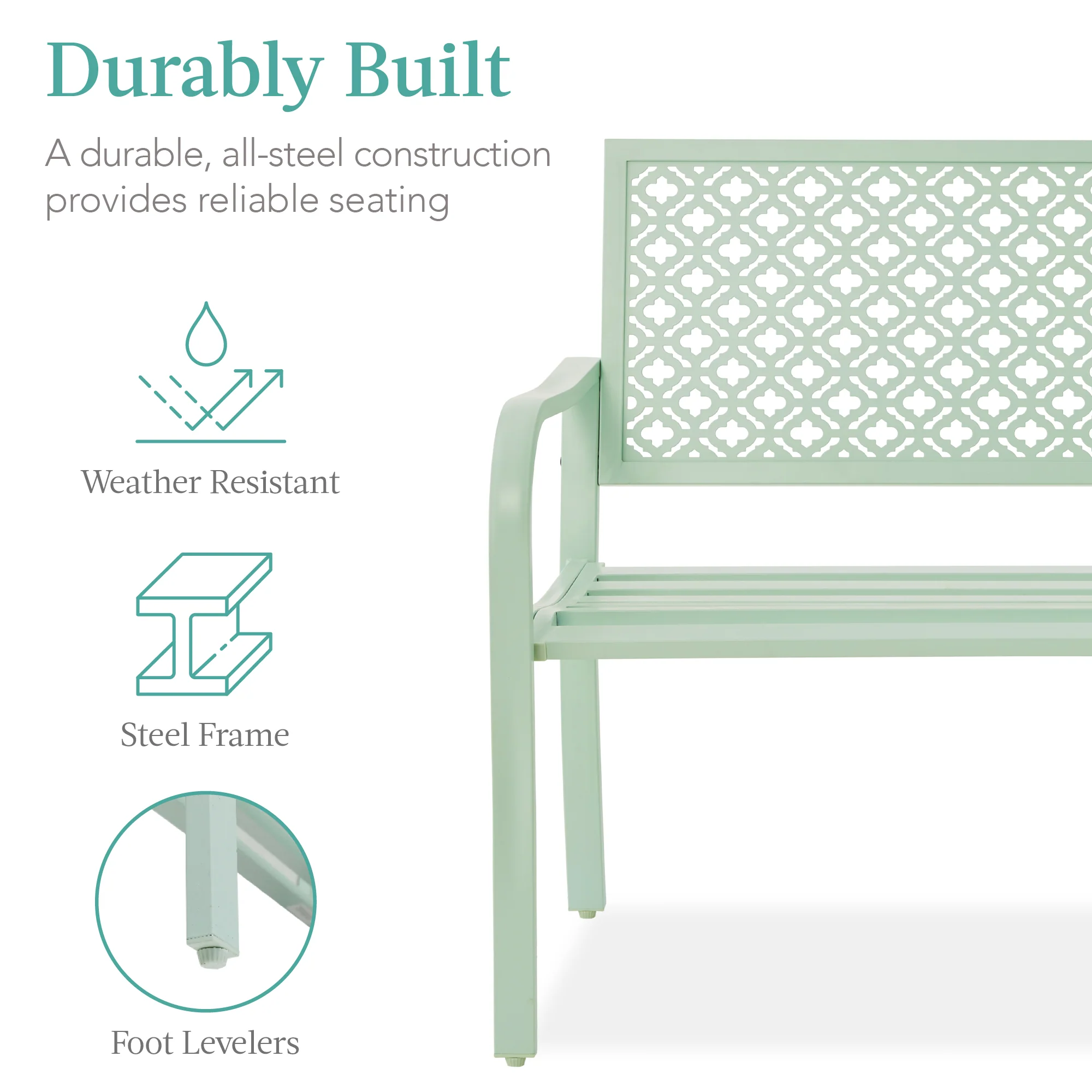 Indoor Outdoor Steel Bench w/ Geometric Backrest, Foot Levelers - Image 114
