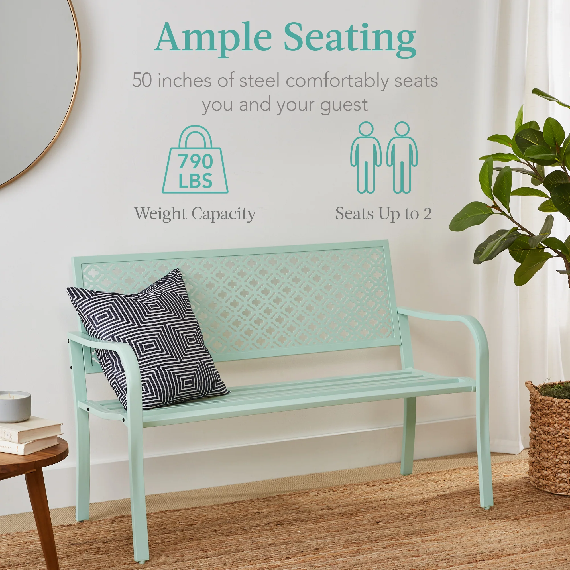 Indoor Outdoor Steel Bench w/ Geometric Backrest, Foot Levelers - Image 115