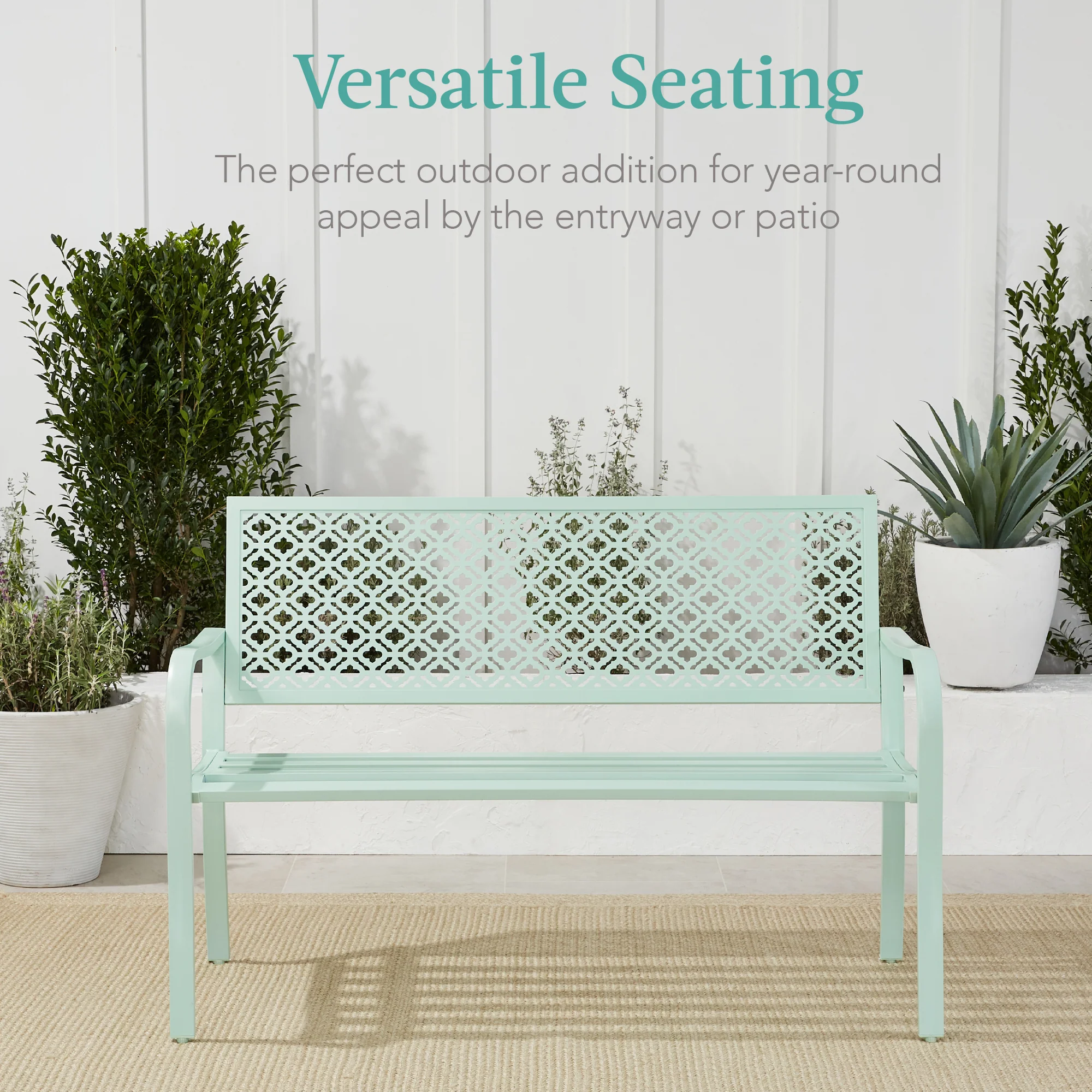 Indoor Outdoor Steel Bench w/ Geometric Backrest, Foot Levelers - Image 117