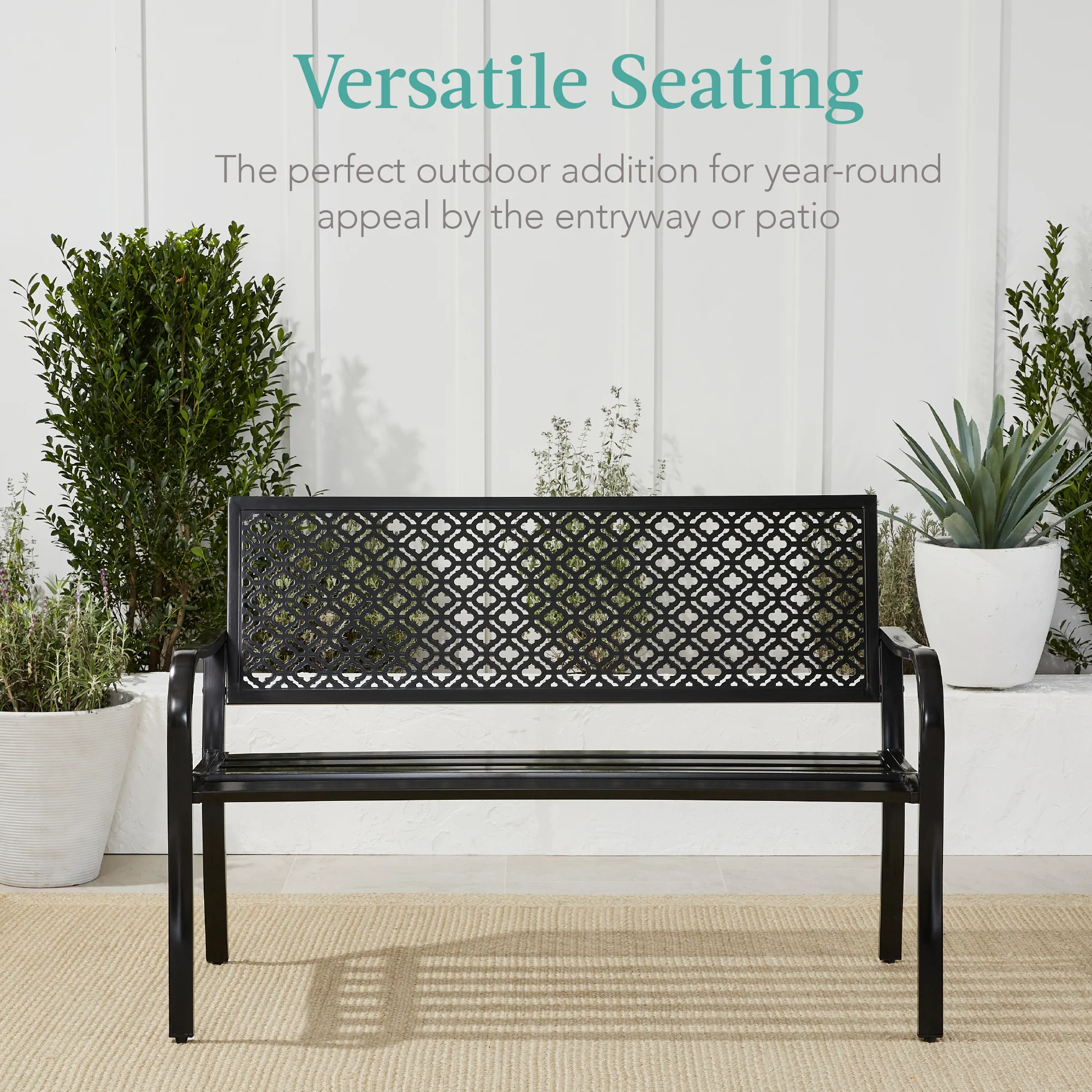 Indoor Outdoor Steel Bench w/ Geometric Backrest, Foot Levelers - Image 12