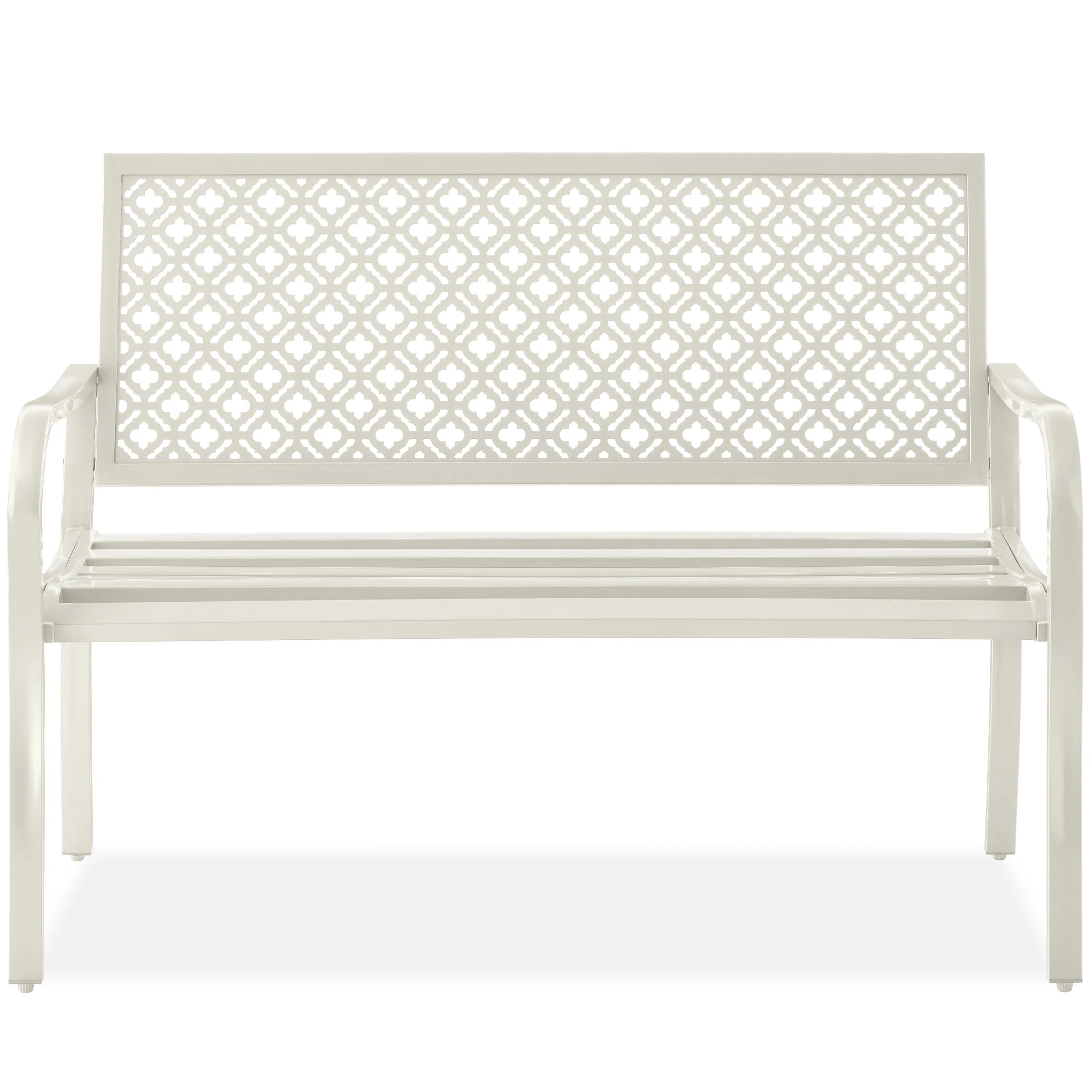 Indoor Outdoor Steel Bench w/ Geometric Backrest, Foot Levelers - Image 120