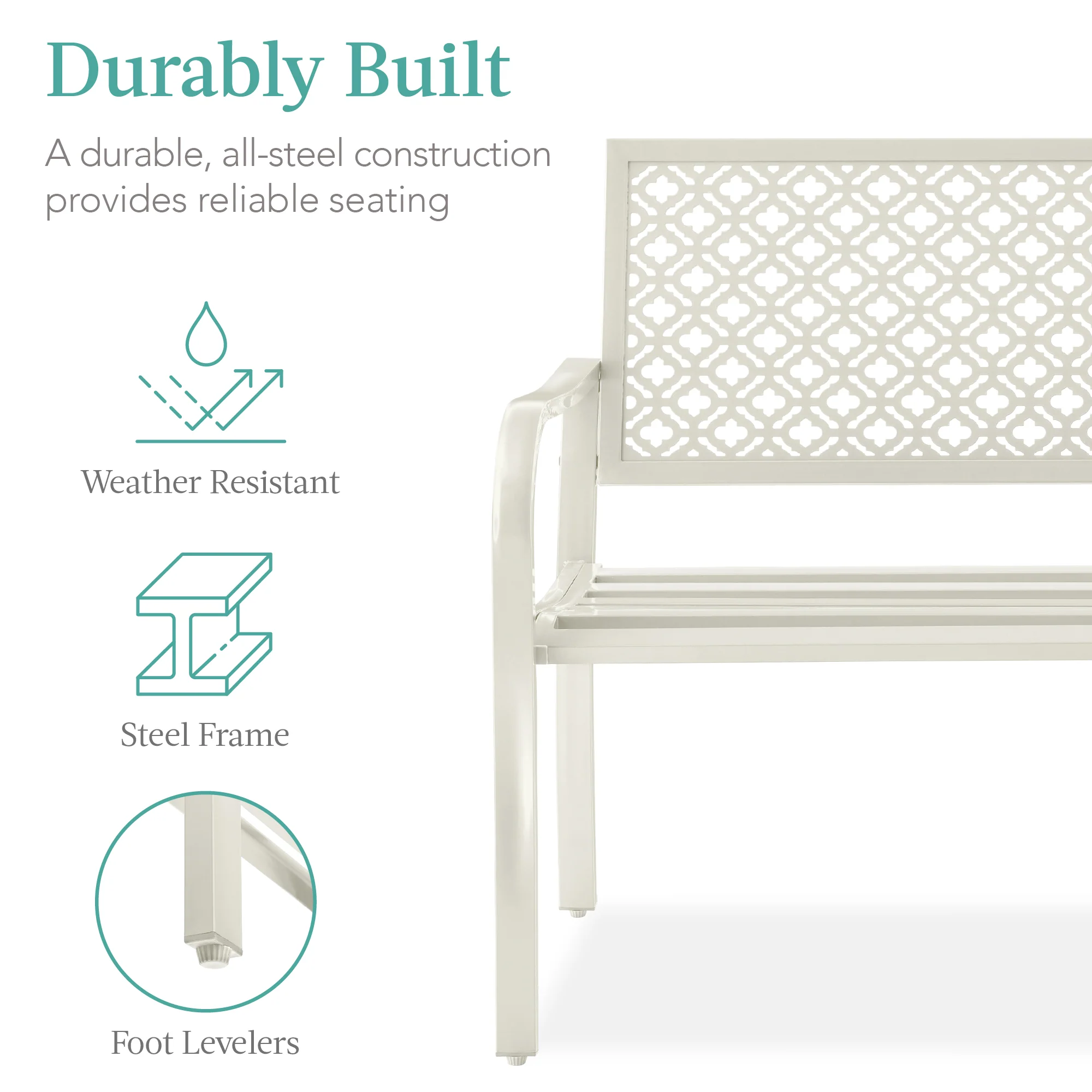 Indoor Outdoor Steel Bench w/ Geometric Backrest, Foot Levelers - Image 121