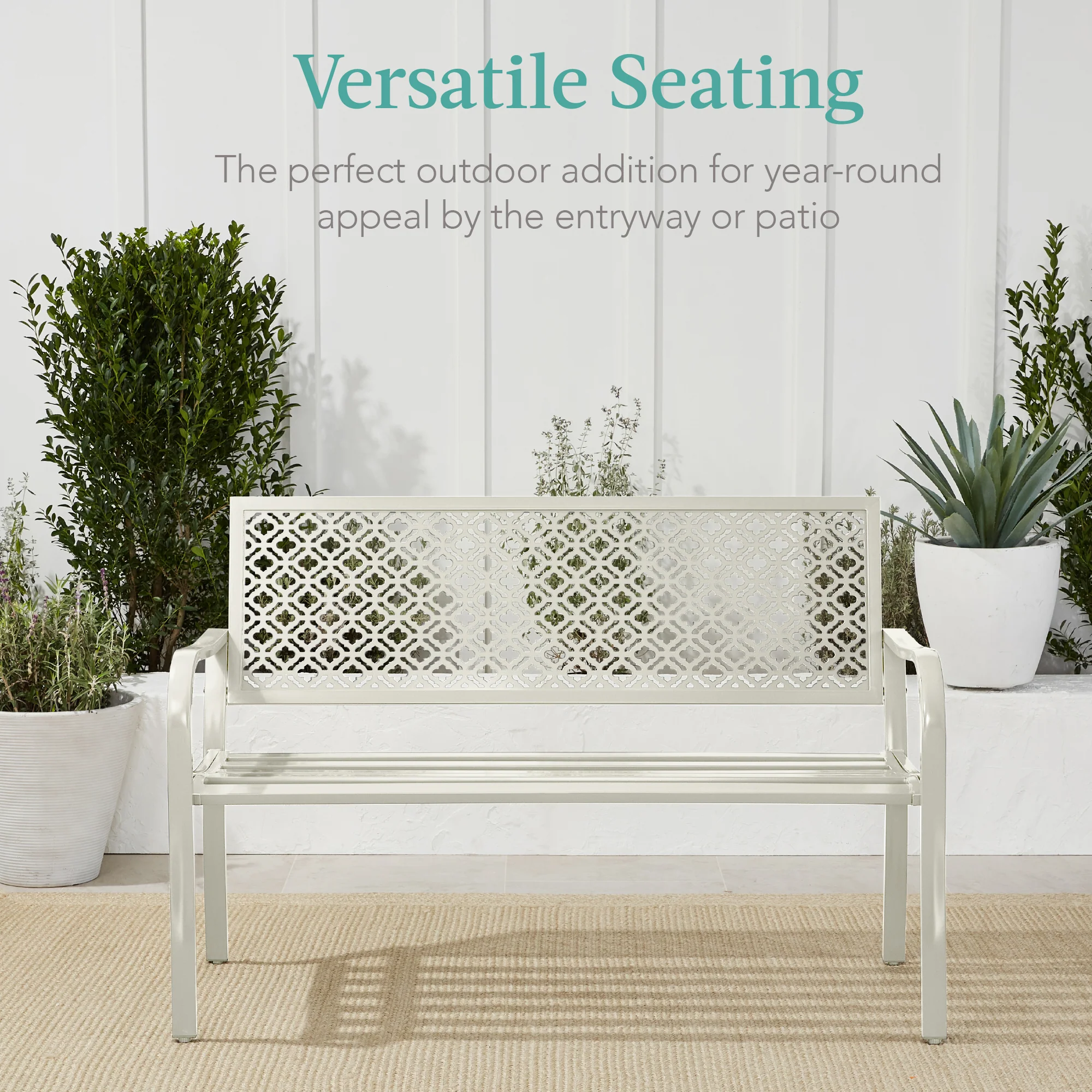 Indoor Outdoor Steel Bench w/ Geometric Backrest, Foot Levelers - Image 124