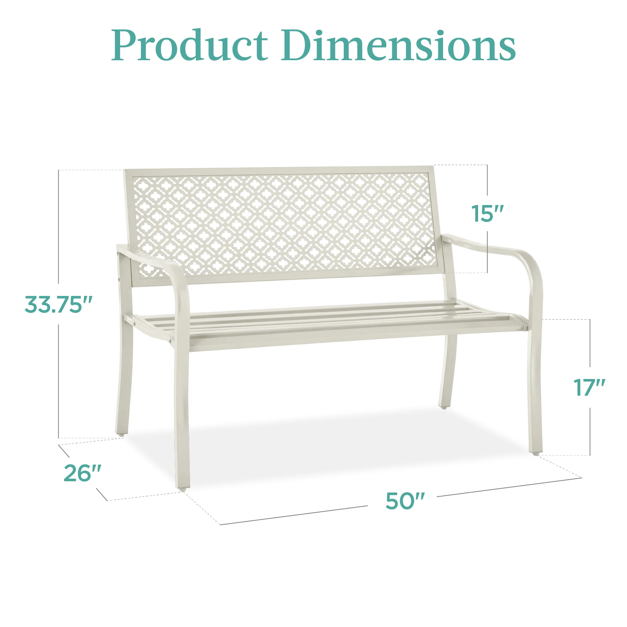 Indoor Outdoor Steel Bench w/ Geometric Backrest, Foot Levelers - Image 126