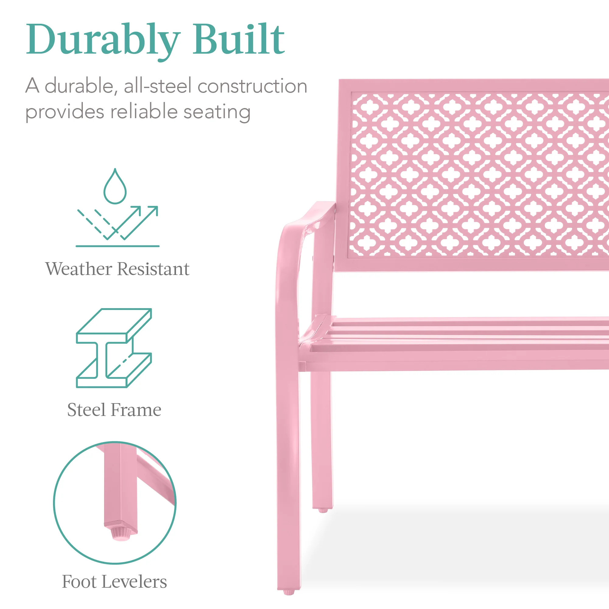 Indoor Outdoor Steel Bench w/ Geometric Backrest, Foot Levelers - Image 16