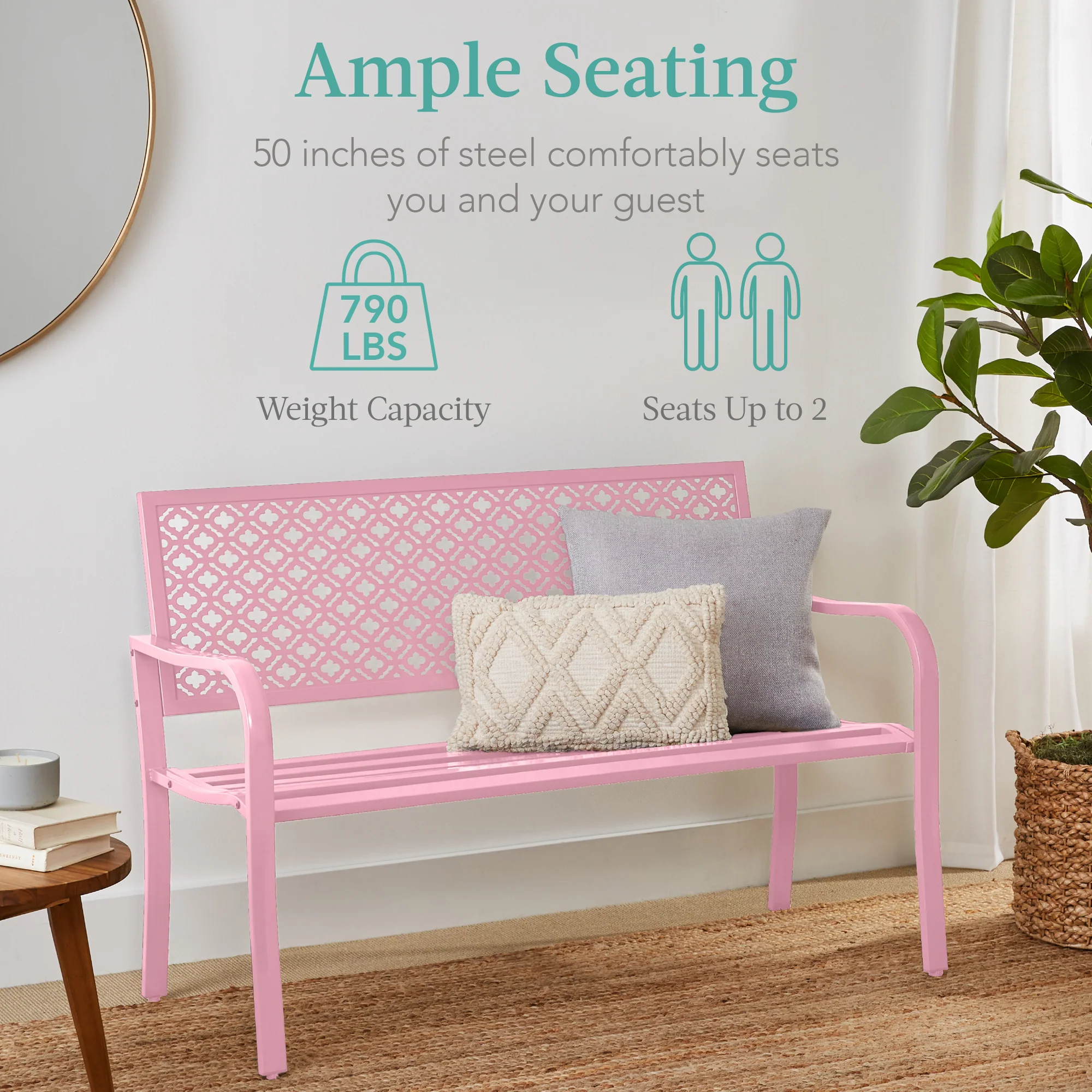 Indoor Outdoor Steel Bench w/ Geometric Backrest, Foot Levelers - Image 17