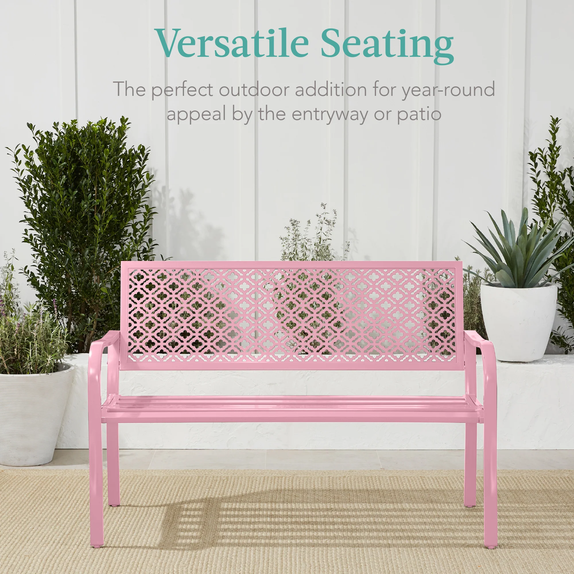 Indoor Outdoor Steel Bench w/ Geometric Backrest, Foot Levelers - Image 19