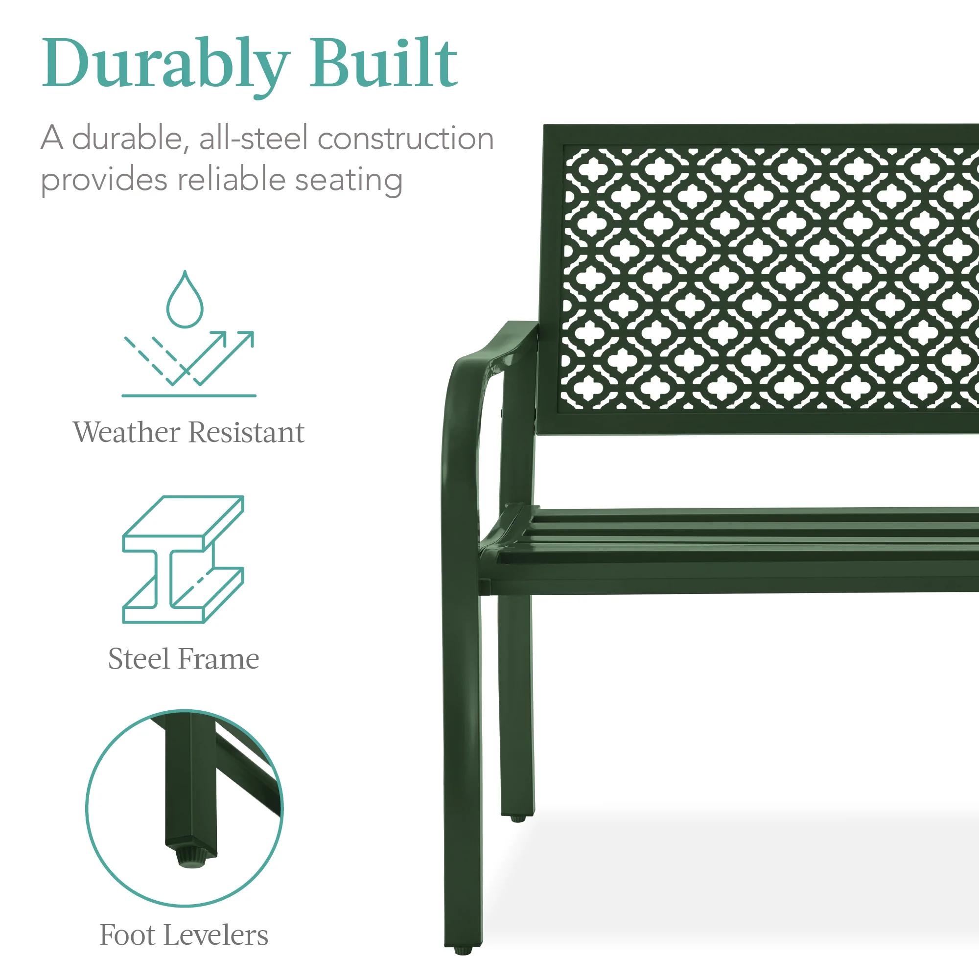 Indoor Outdoor Steel Bench w/ Geometric Backrest, Foot Levelers - Image 2