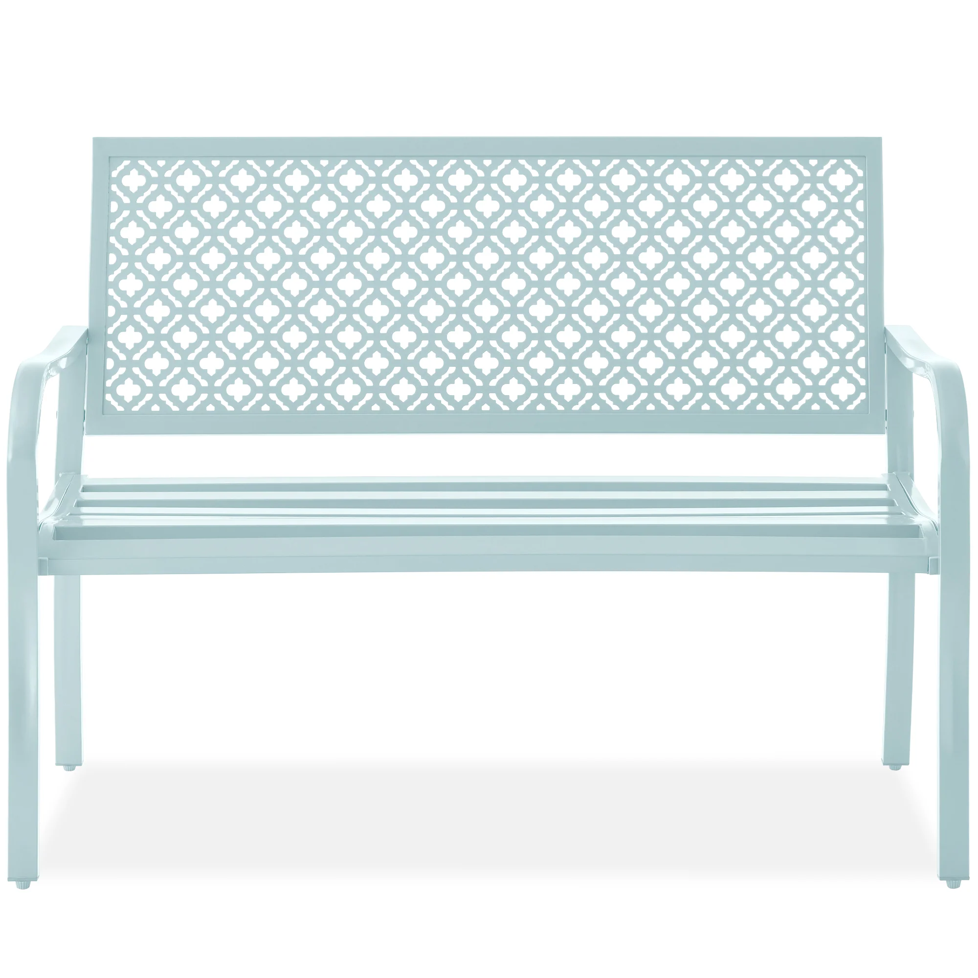 Indoor Outdoor Steel Bench w/ Geometric Backrest, Foot Levelers - Image 22