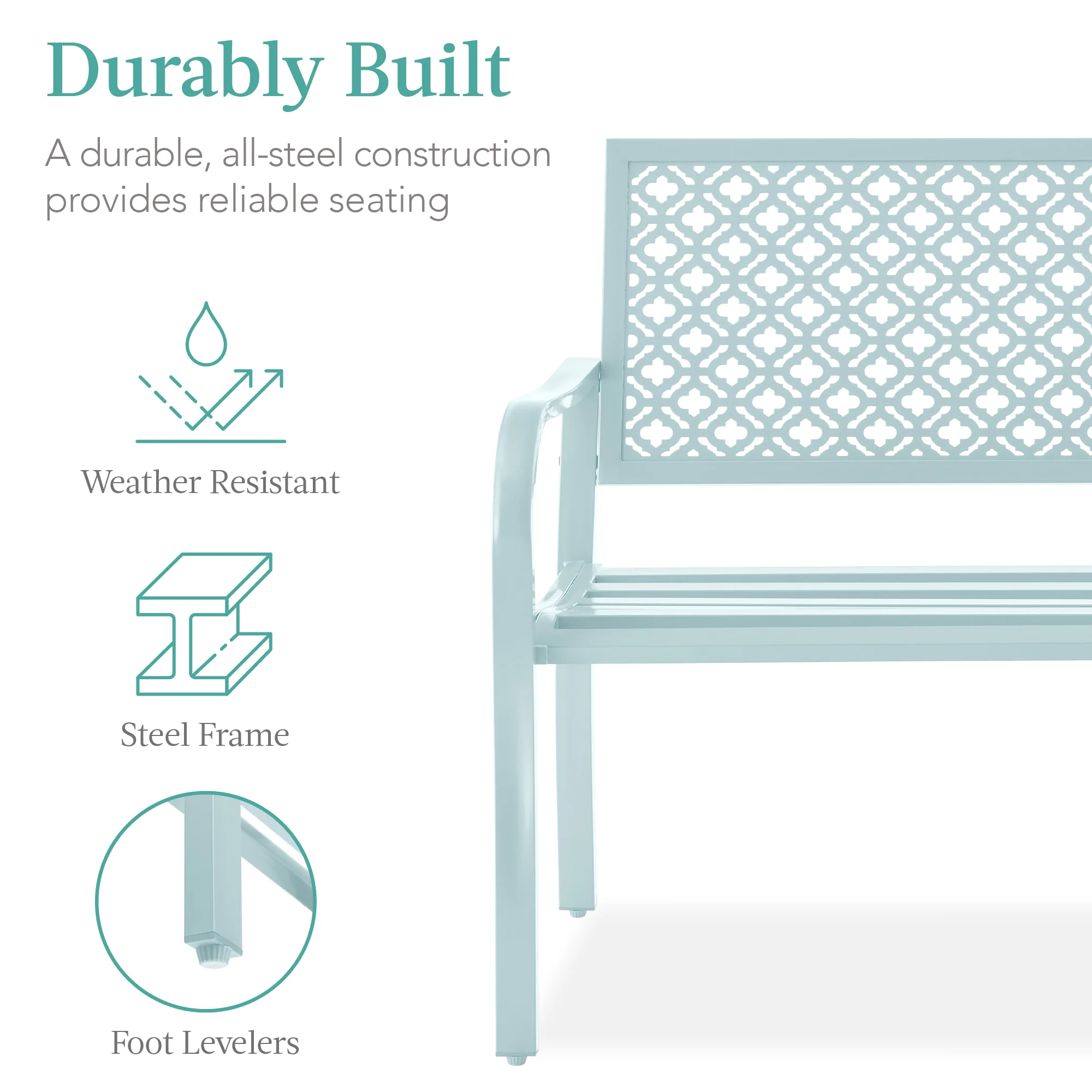 Indoor Outdoor Steel Bench w/ Geometric Backrest, Foot Levelers - Image 23