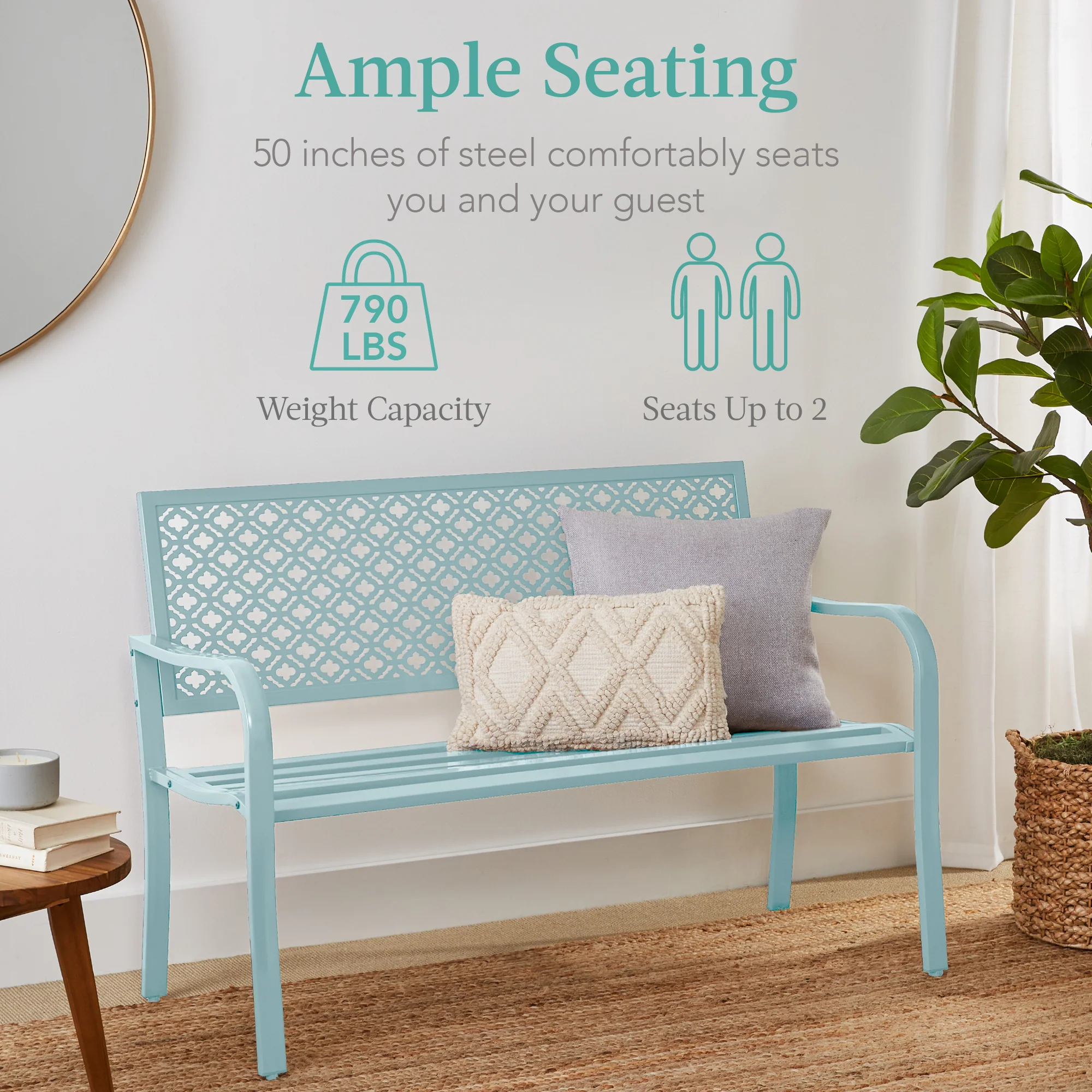 Indoor Outdoor Steel Bench w/ Geometric Backrest, Foot Levelers - Image 24
