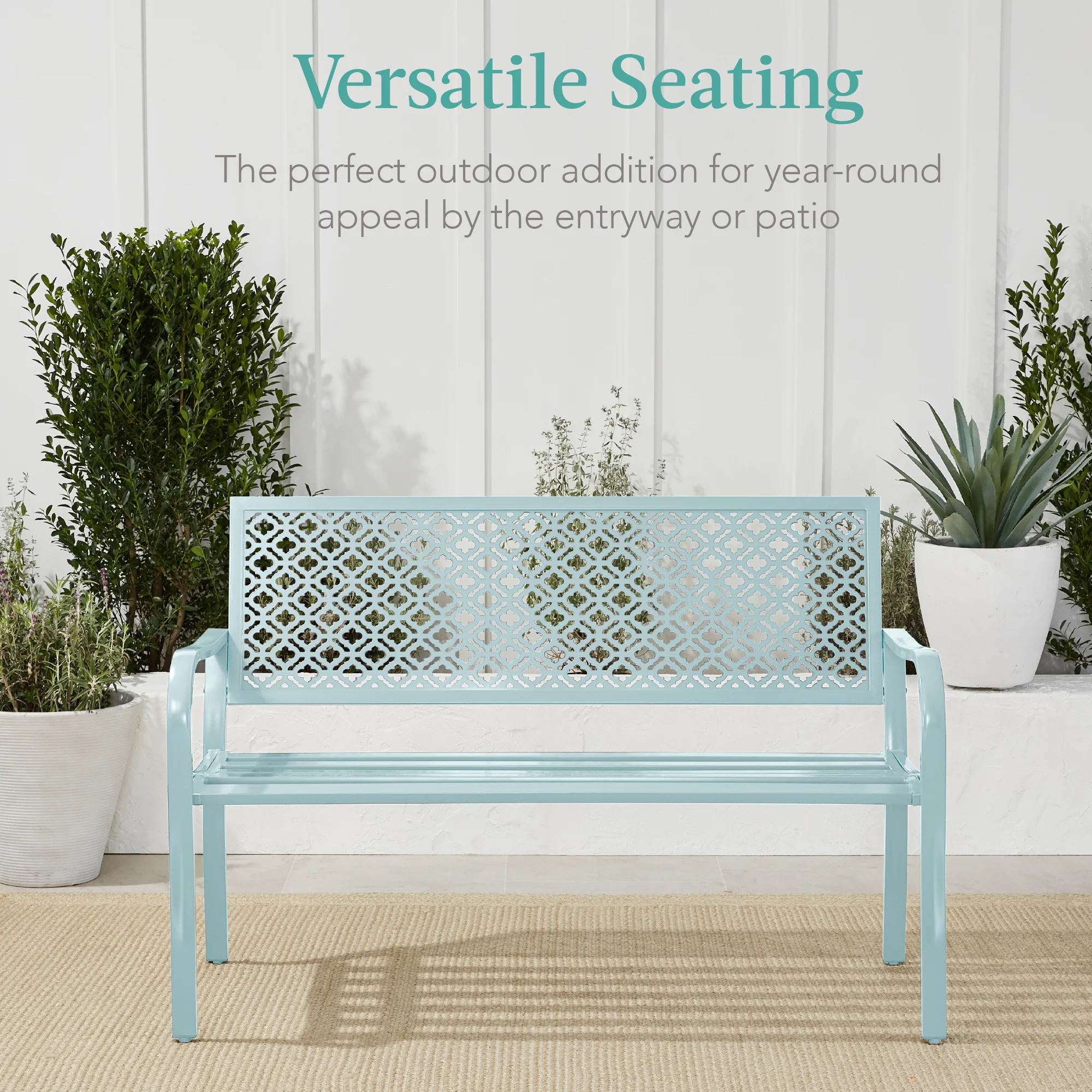 Indoor Outdoor Steel Bench w/ Geometric Backrest, Foot Levelers - Image 26
