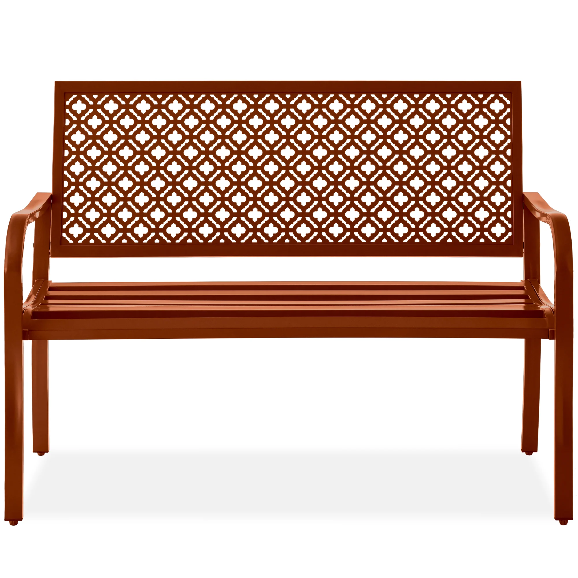 Indoor Outdoor Steel Bench w/ Geometric Backrest, Foot Levelers - Image 29