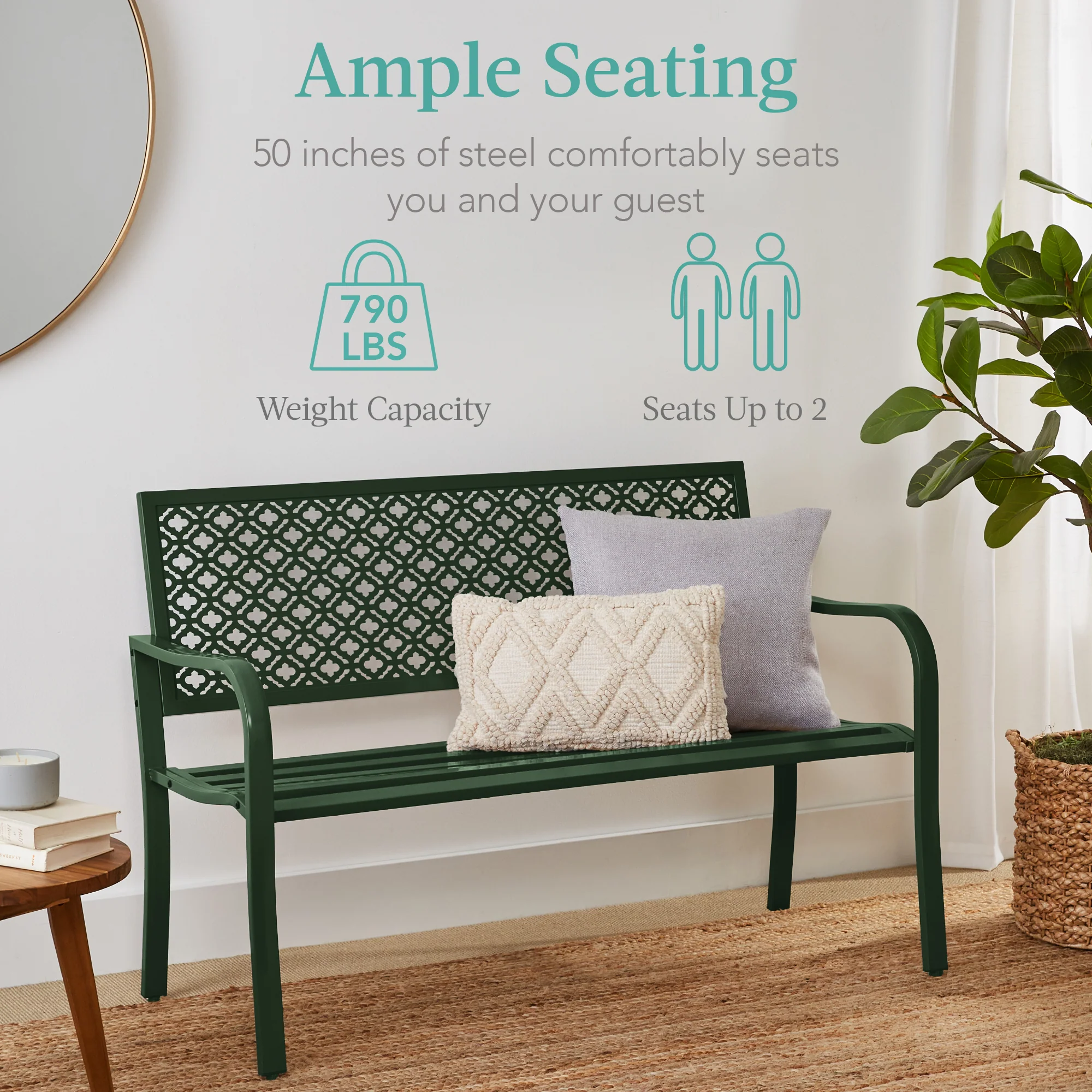 Indoor Outdoor Steel Bench w/ Geometric Backrest, Foot Levelers - Image 3