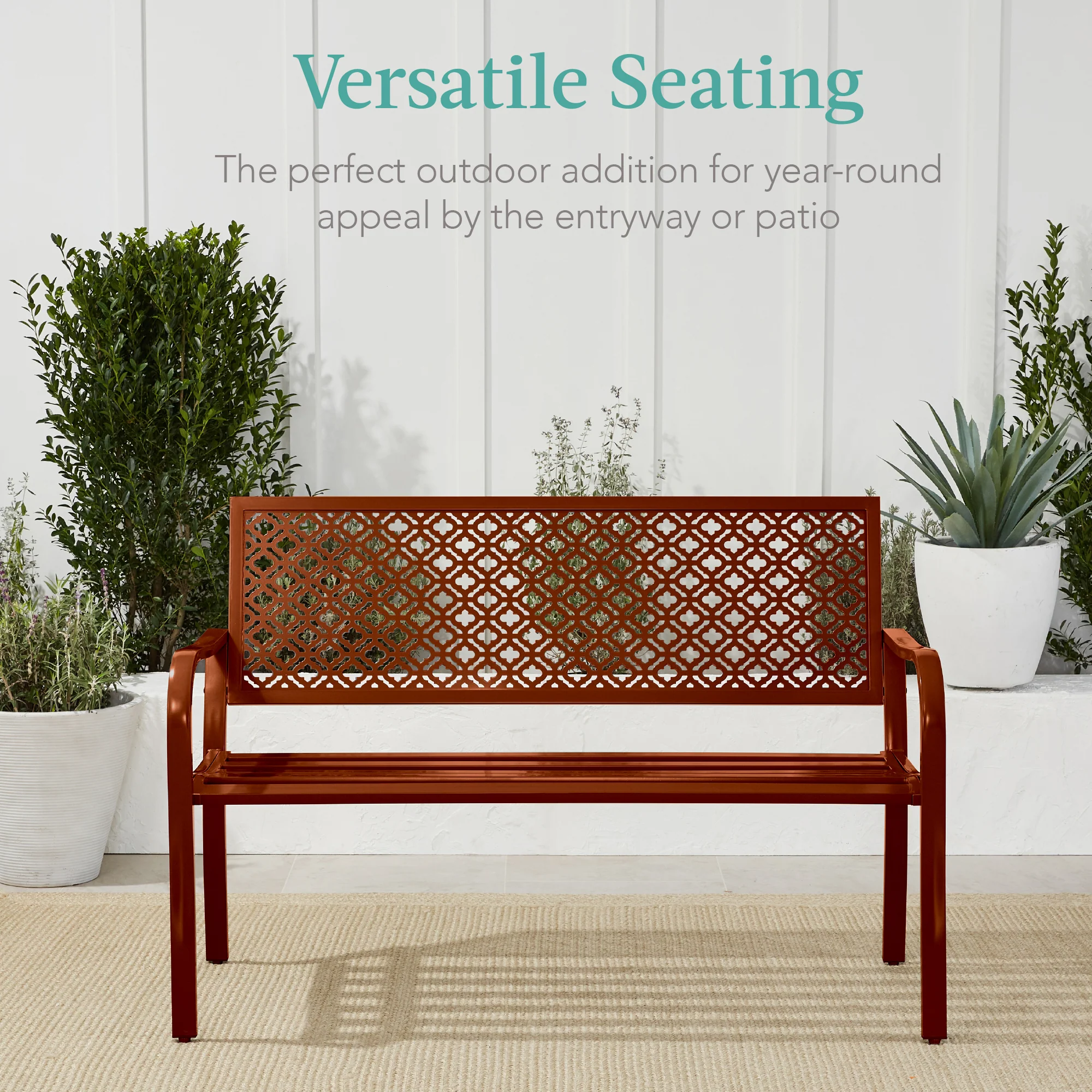 Indoor Outdoor Steel Bench w/ Geometric Backrest, Foot Levelers - Image 33