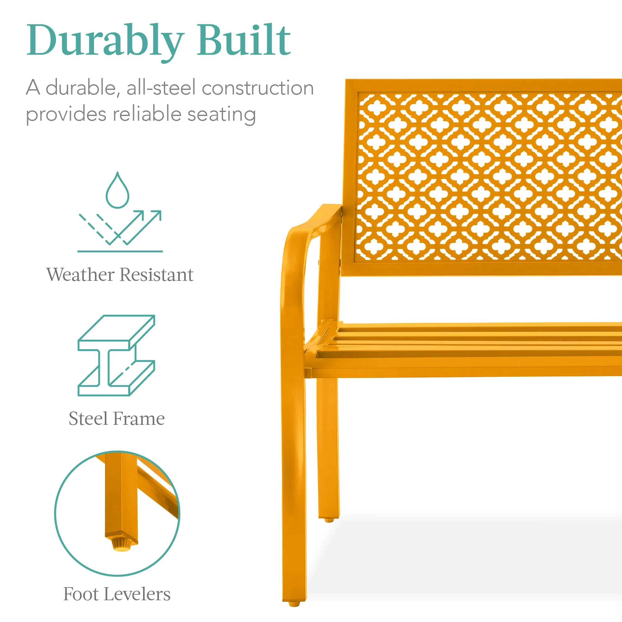 Indoor Outdoor Steel Bench w/ Geometric Backrest, Foot Levelers - Image 37