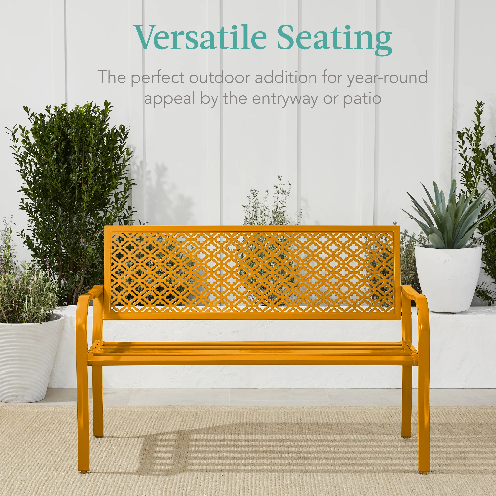 Indoor Outdoor Steel Bench w/ Geometric Backrest, Foot Levelers - Image 40