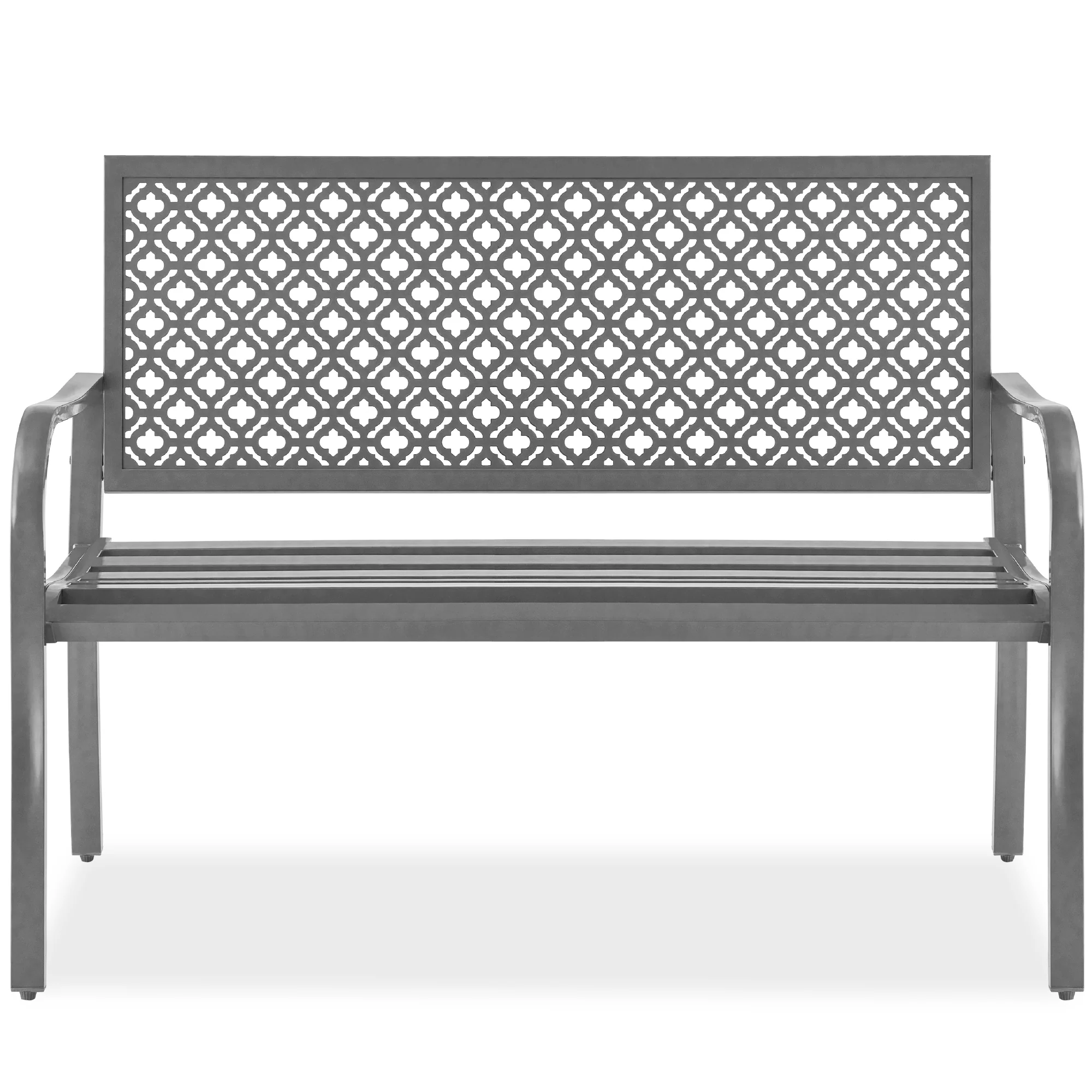 Indoor Outdoor Steel Bench w/ Geometric Backrest, Foot Levelers - Image 43