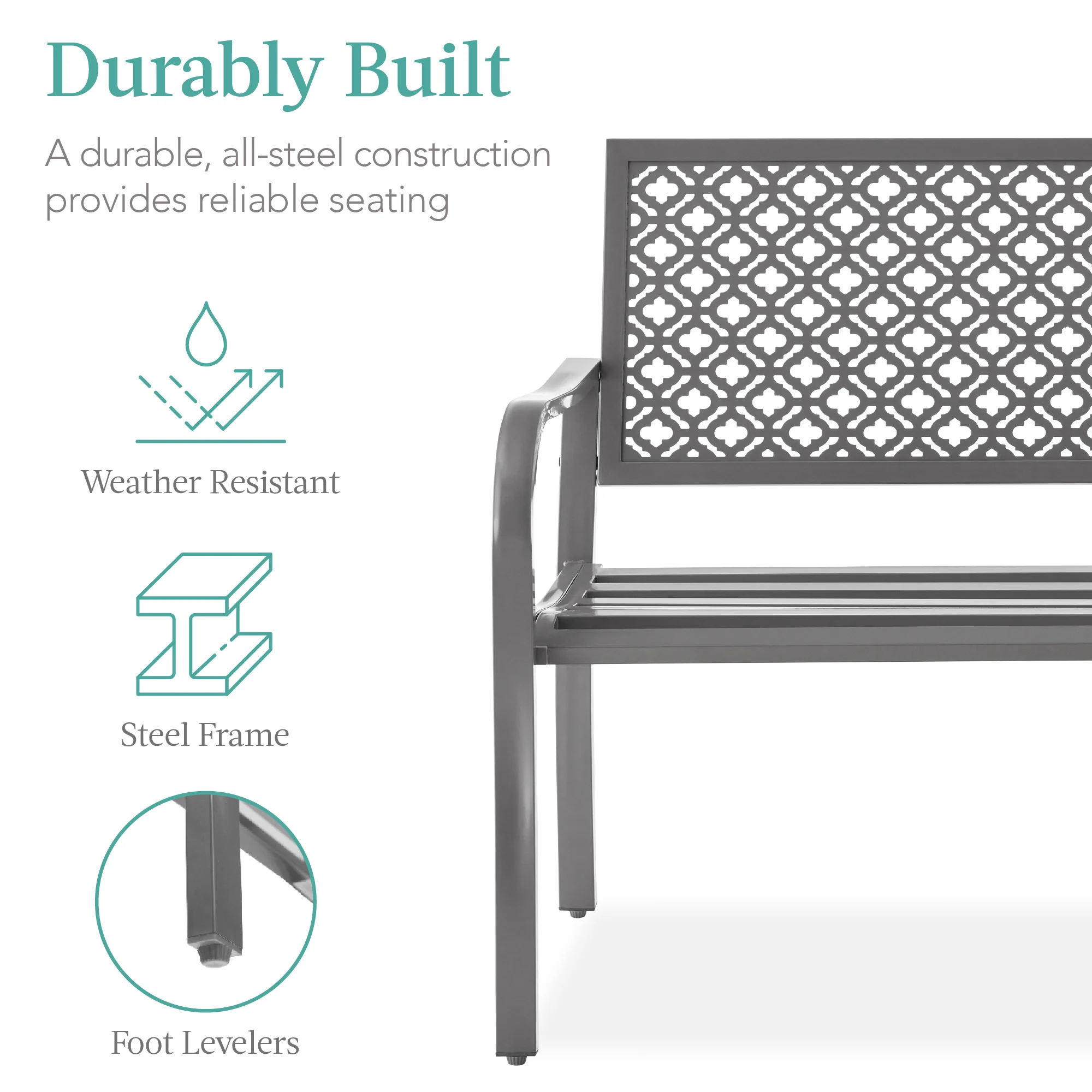 Indoor Outdoor Steel Bench w/ Geometric Backrest, Foot Levelers - Image 44