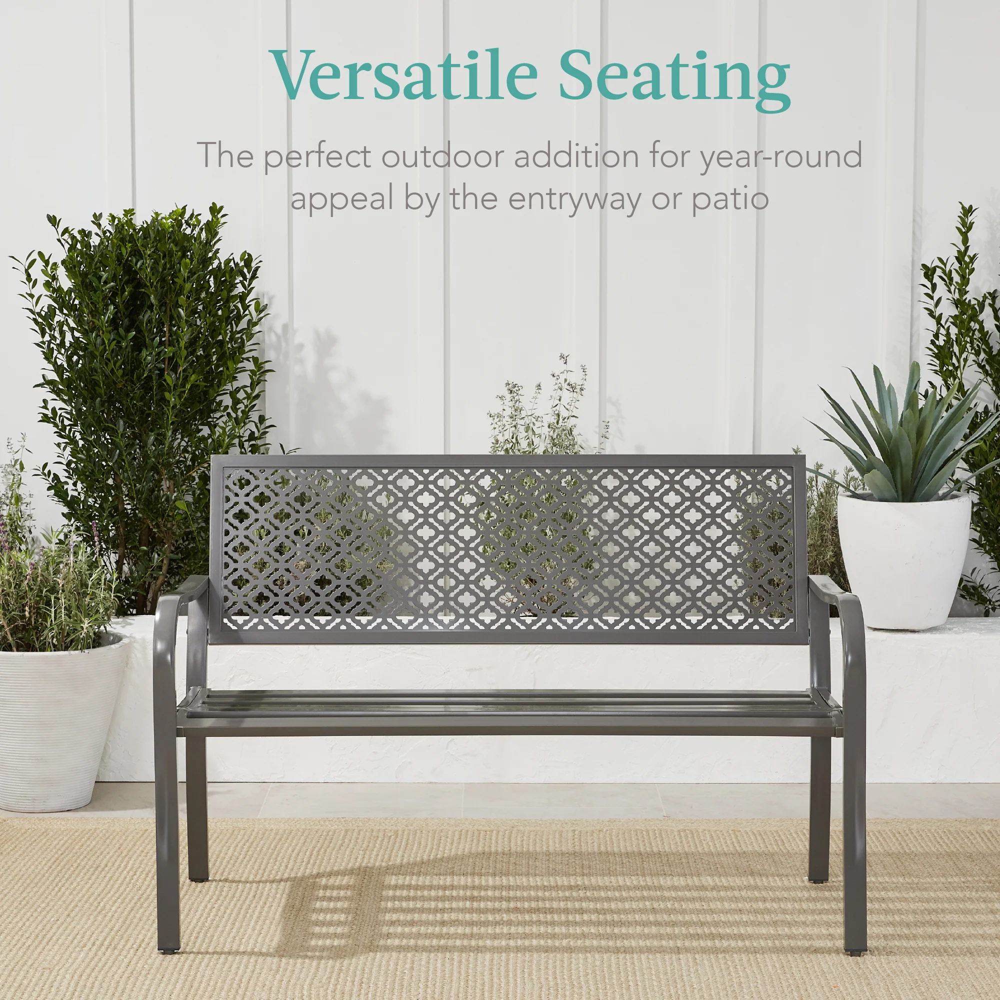 Indoor Outdoor Steel Bench w/ Geometric Backrest, Foot Levelers - Image 47