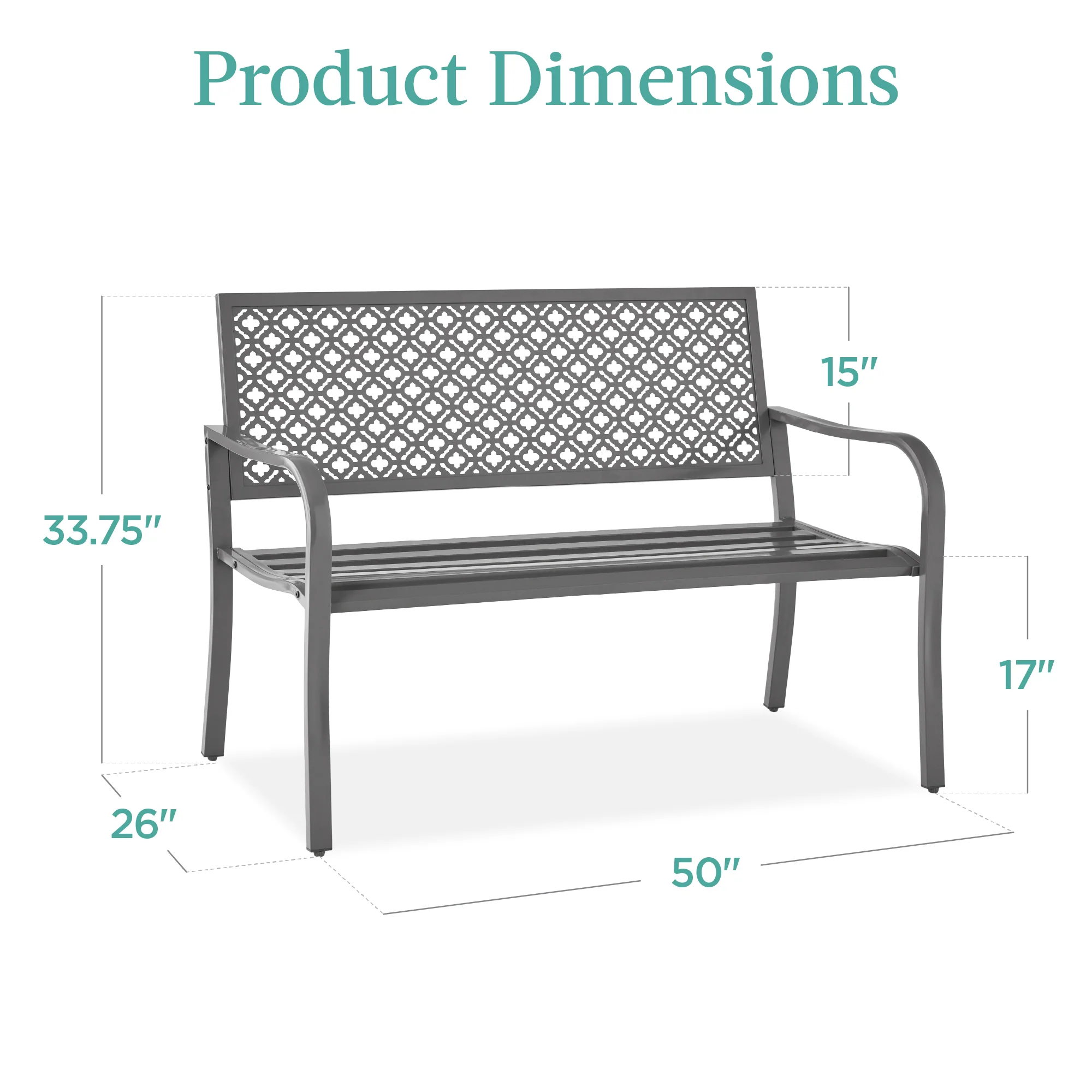 Indoor Outdoor Steel Bench w/ Geometric Backrest, Foot Levelers - Image 49