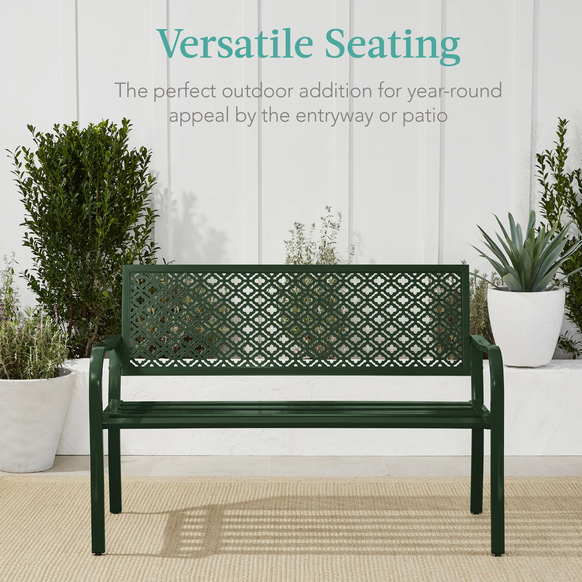 Indoor Outdoor Steel Bench w/ Geometric Backrest, Foot Levelers - Image 5