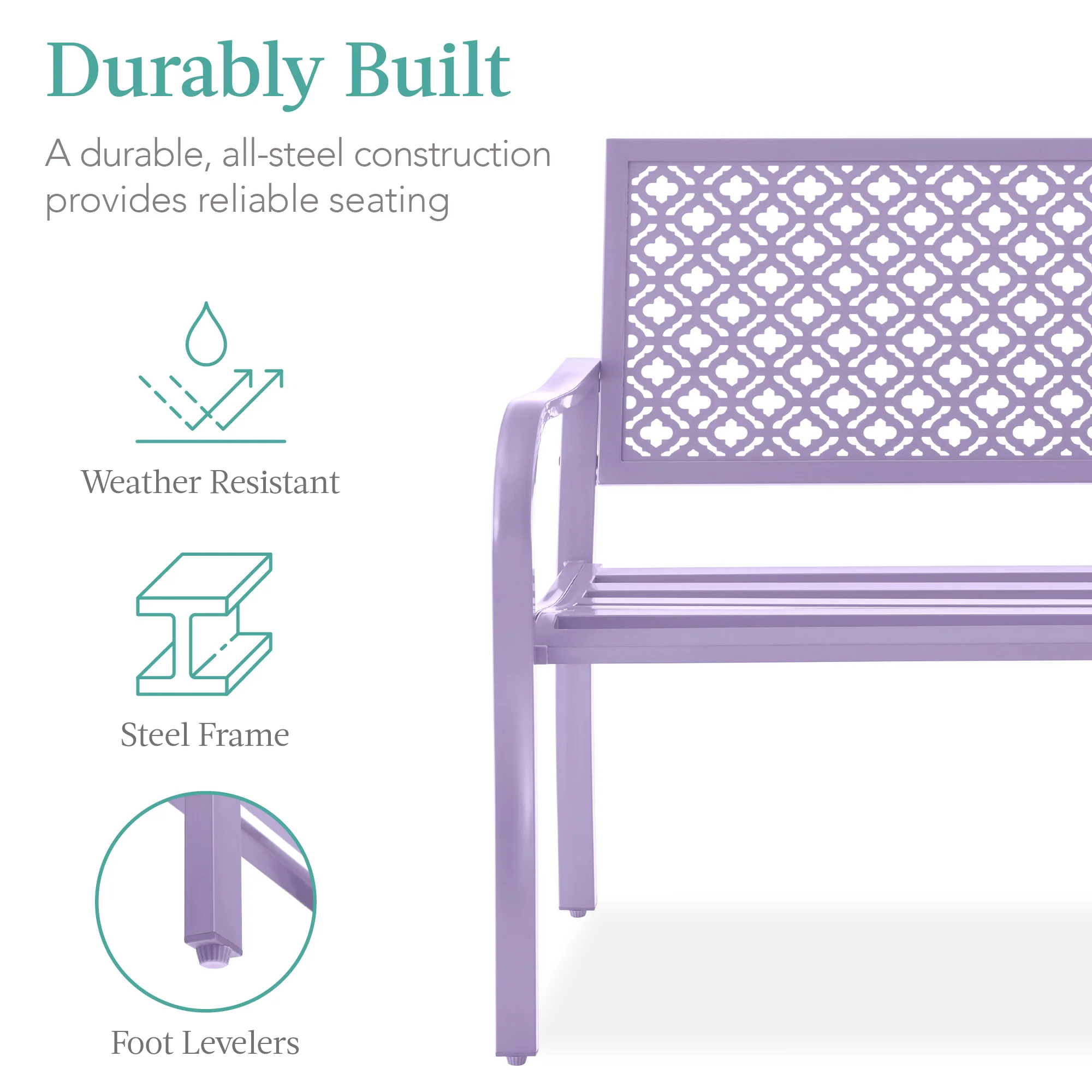 Indoor Outdoor Steel Bench w/ Geometric Backrest, Foot Levelers - Image 51