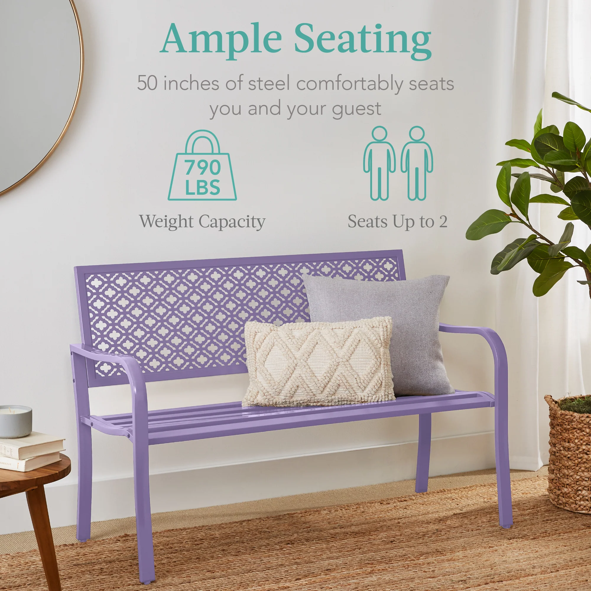 Indoor Outdoor Steel Bench w/ Geometric Backrest, Foot Levelers - Image 52