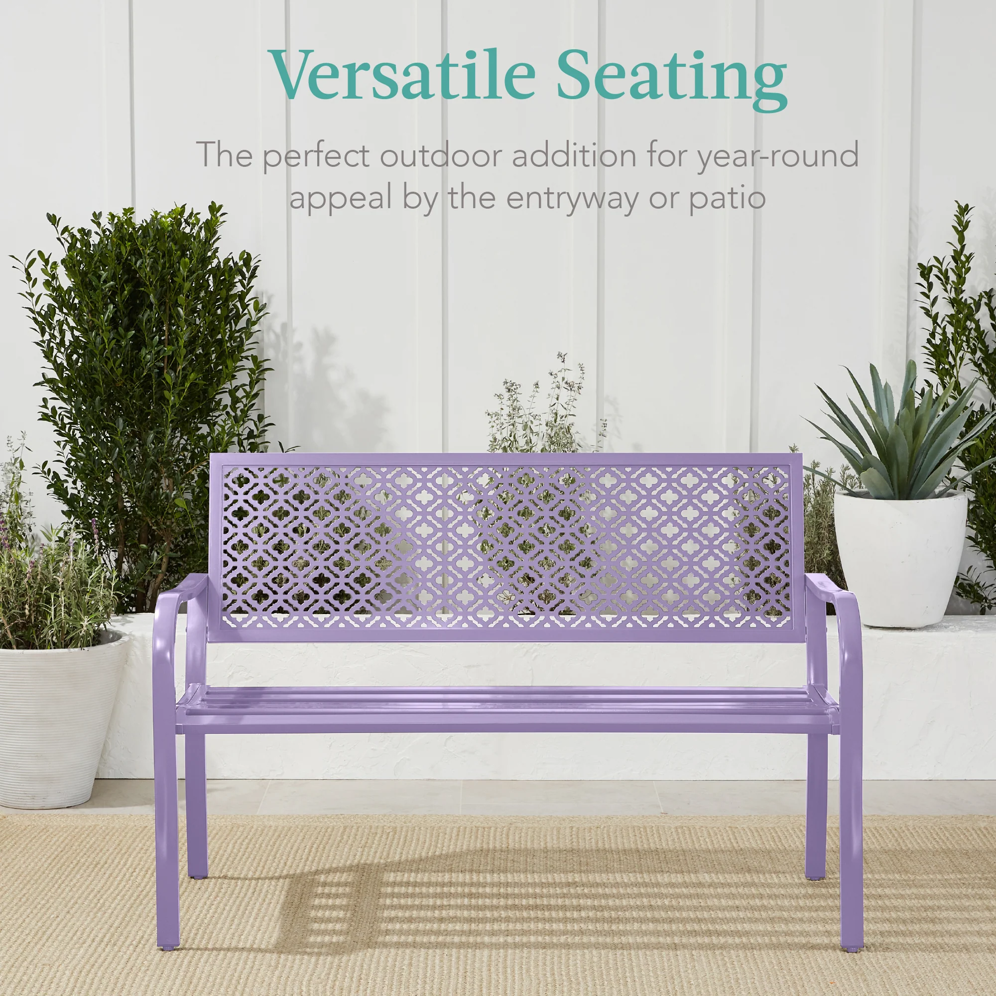 Indoor Outdoor Steel Bench w/ Geometric Backrest, Foot Levelers - Image 54