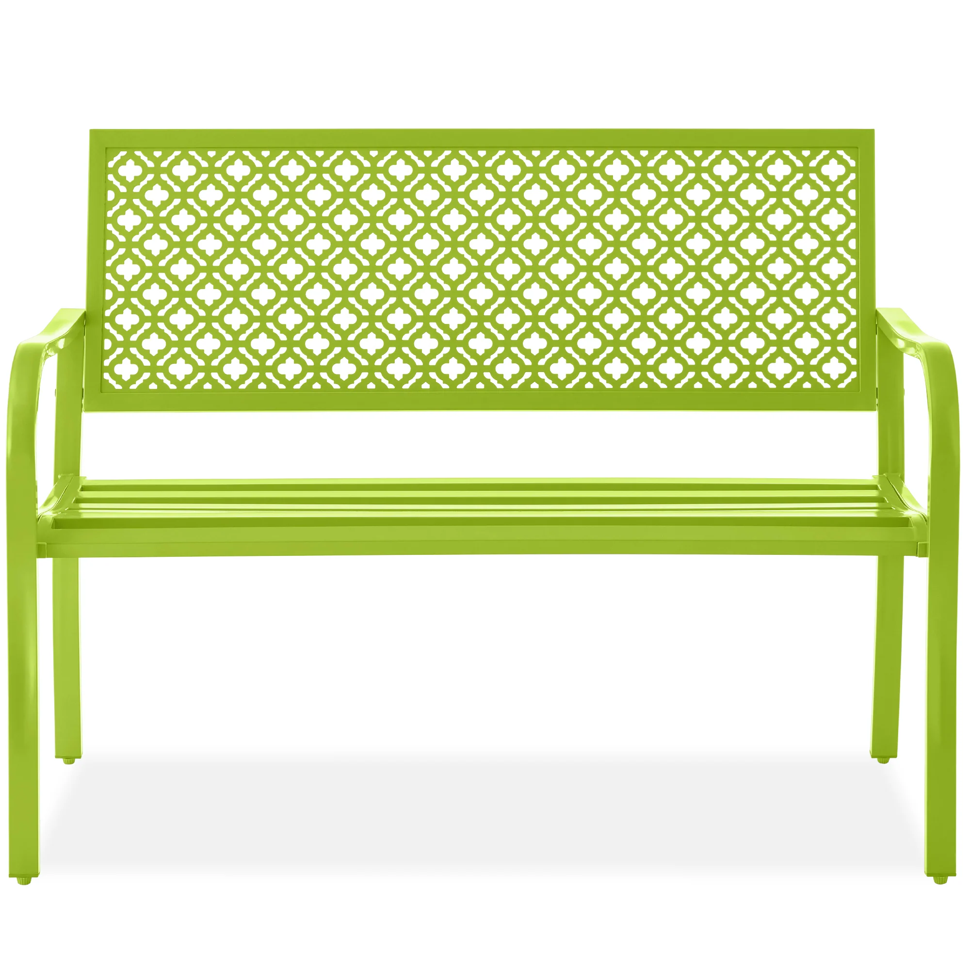 Indoor Outdoor Steel Bench w/ Geometric Backrest, Foot Levelers - Image 57