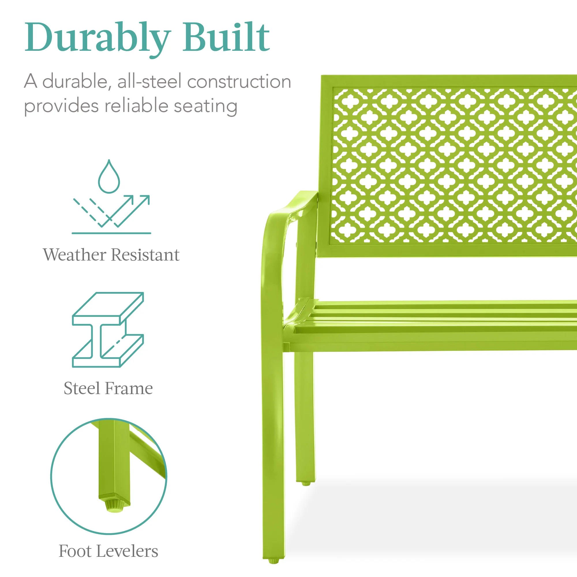Indoor Outdoor Steel Bench w/ Geometric Backrest, Foot Levelers - Image 58