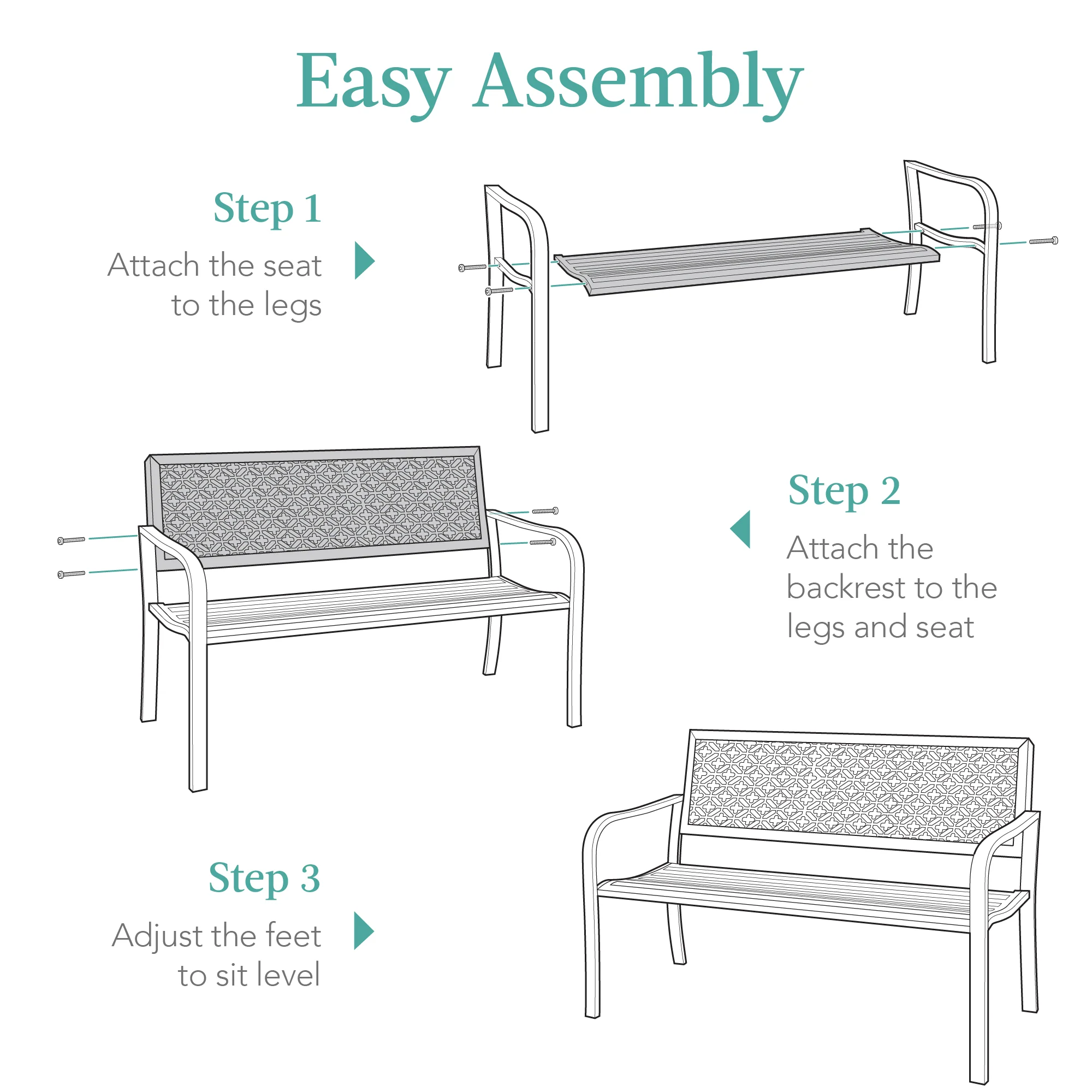 Indoor Outdoor Steel Bench w/ Geometric Backrest, Foot Levelers - Image 6