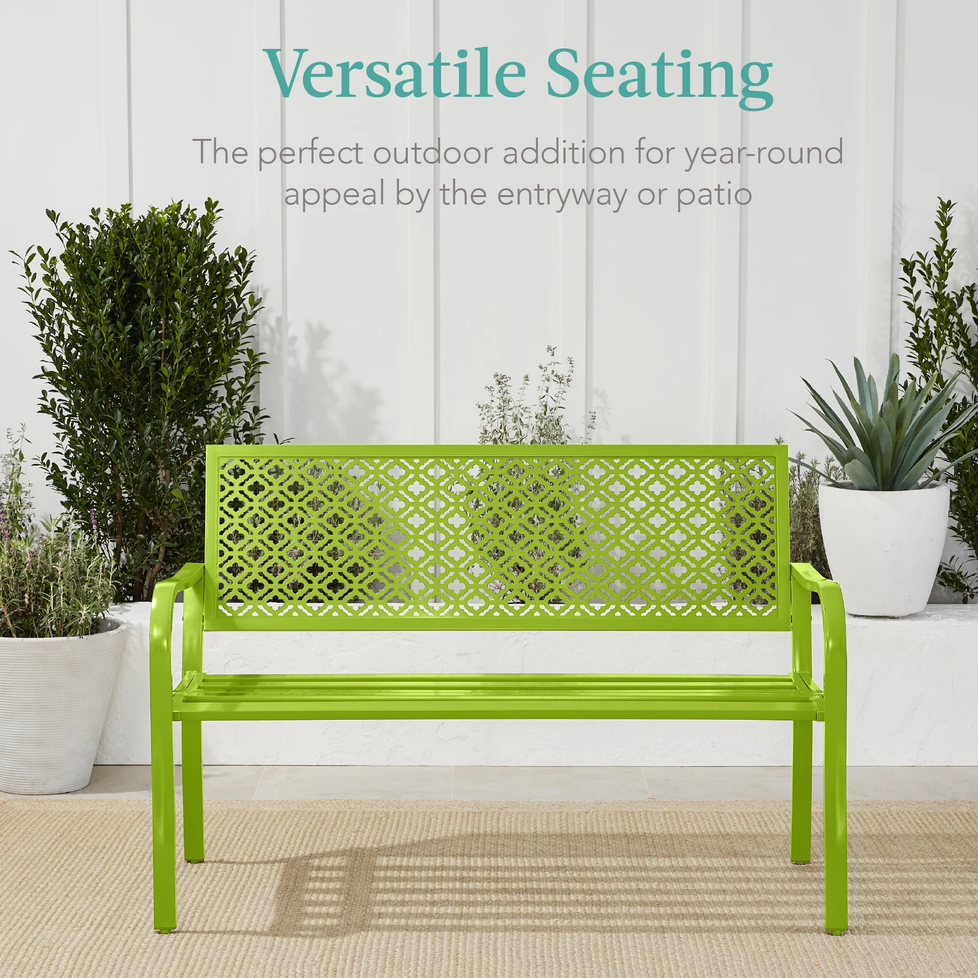 Indoor Outdoor Steel Bench w/ Geometric Backrest, Foot Levelers - Image 61