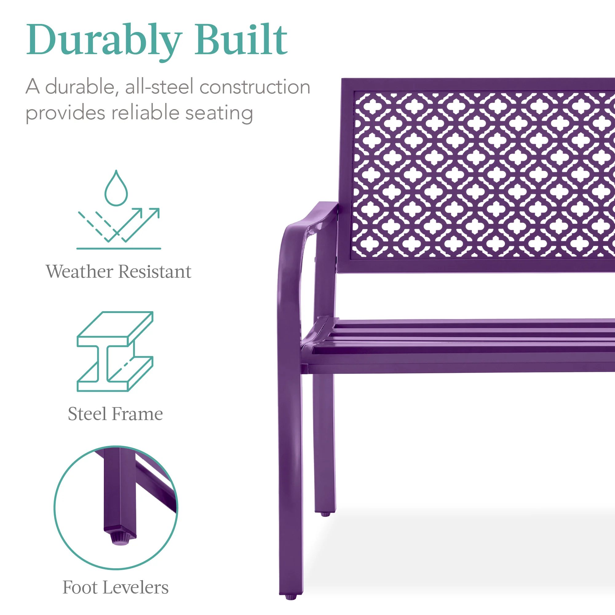 Indoor Outdoor Steel Bench w/ Geometric Backrest, Foot Levelers - Image 65