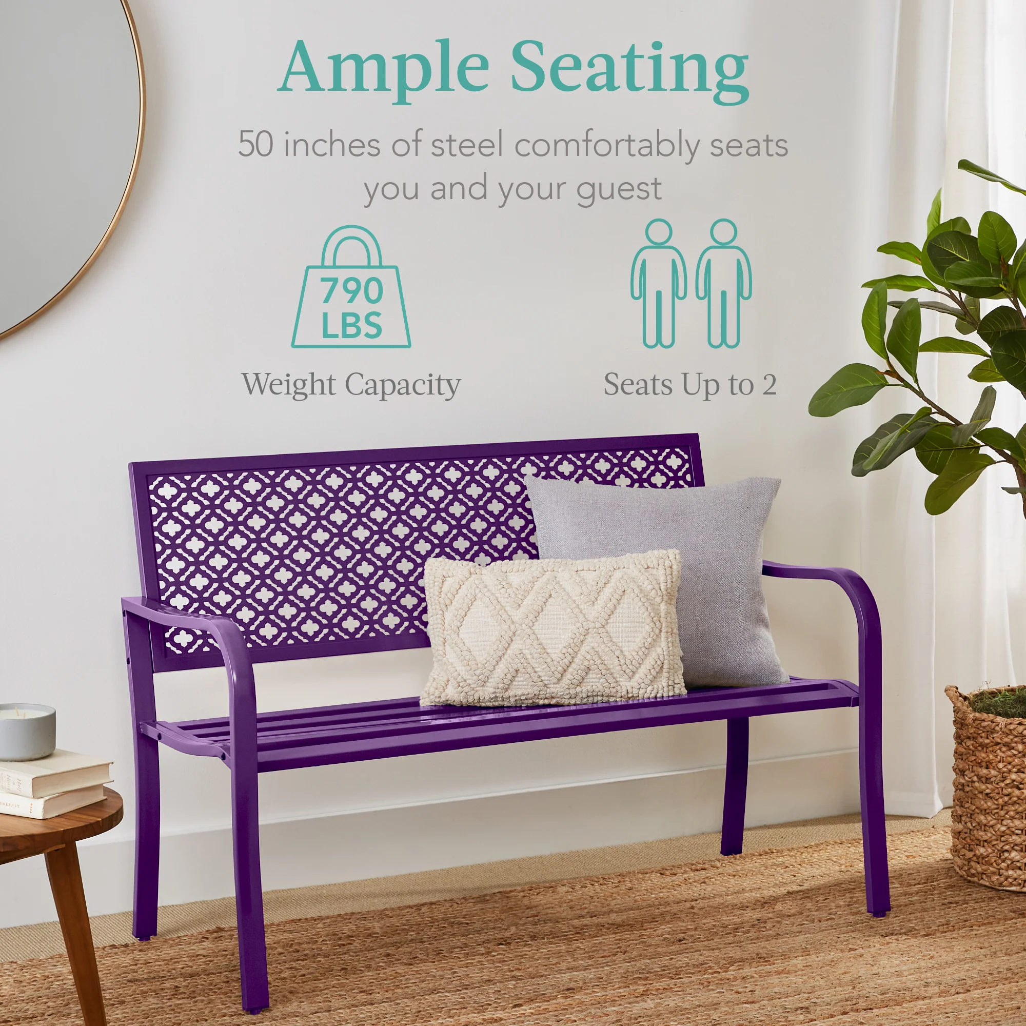 Indoor Outdoor Steel Bench w/ Geometric Backrest, Foot Levelers - Image 66